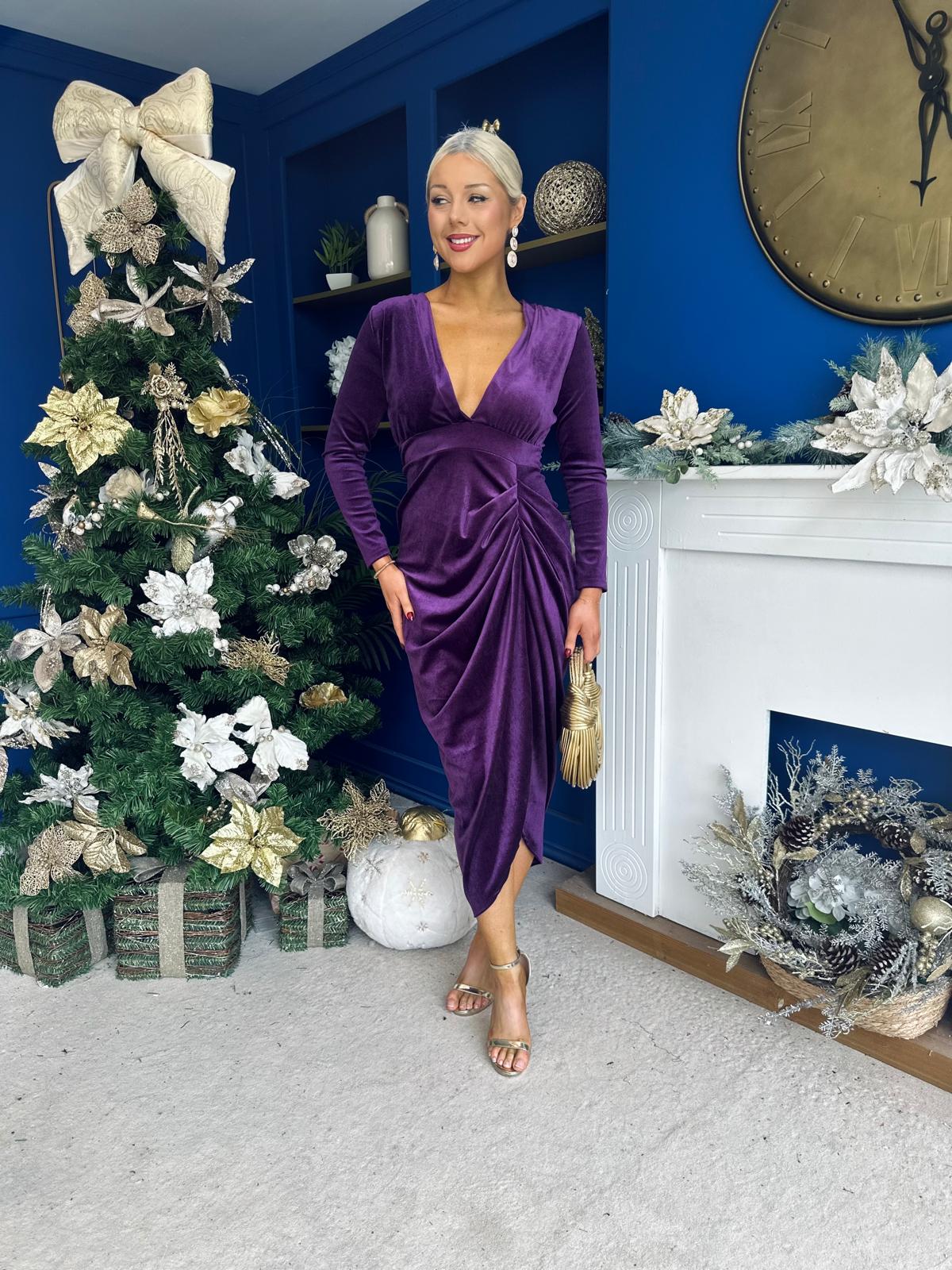 Eleanor Plunge Neck Velvet Occasion Dress Violet