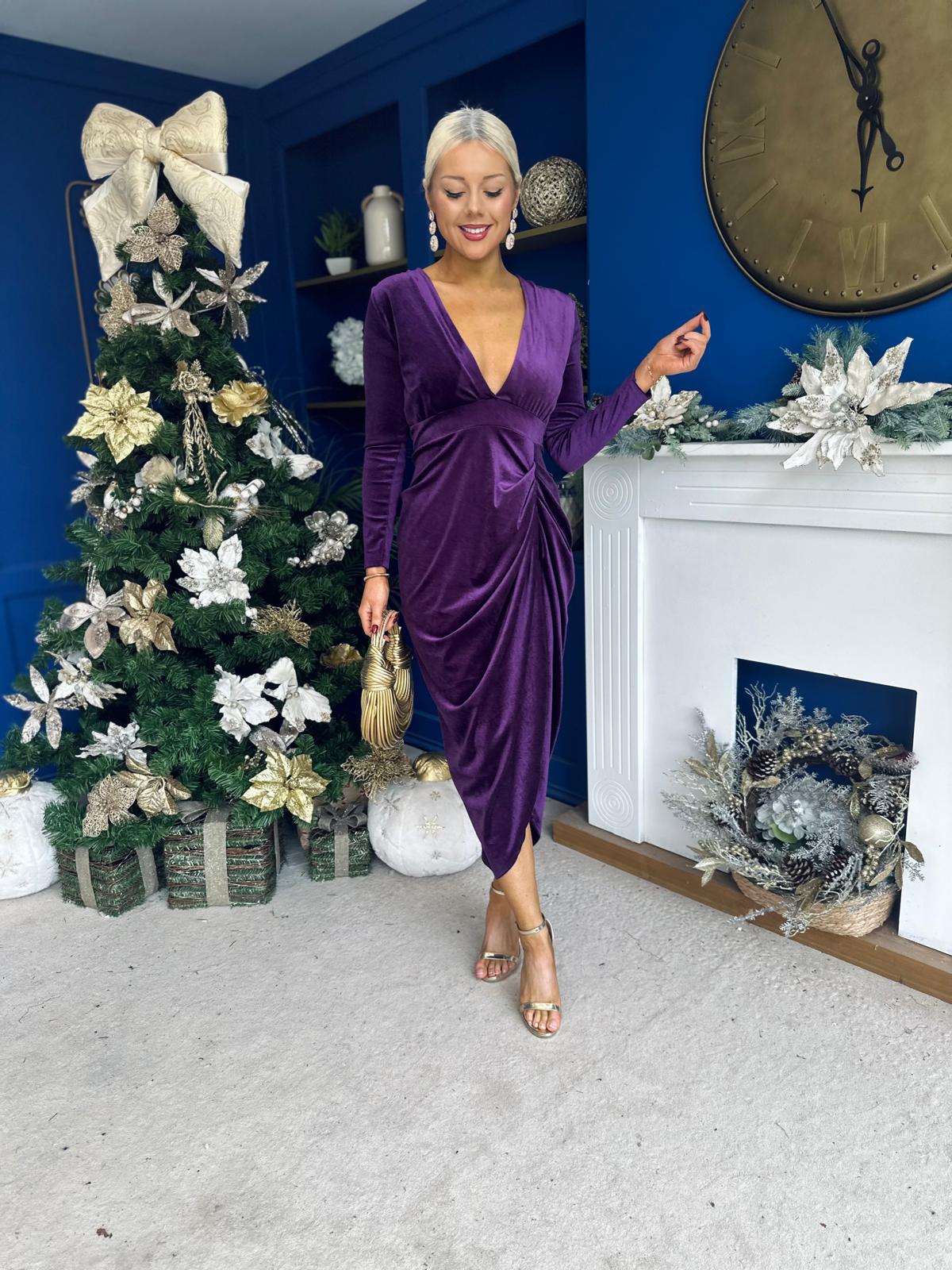Eleanor Plunge Neck Velvet Occasion Dress Violet