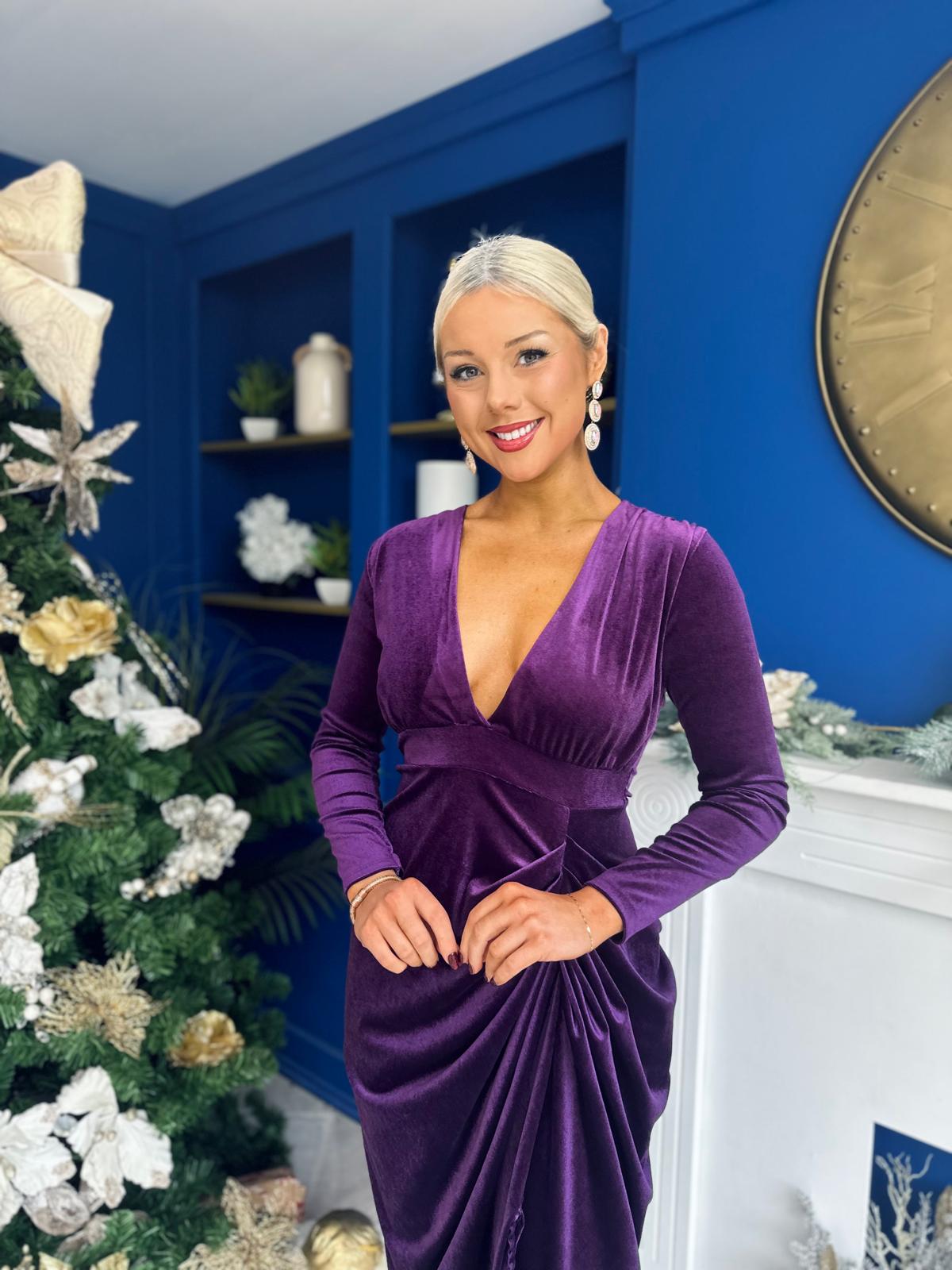 Eleanor Plunge Neck Velvet Occasion Dress Violet