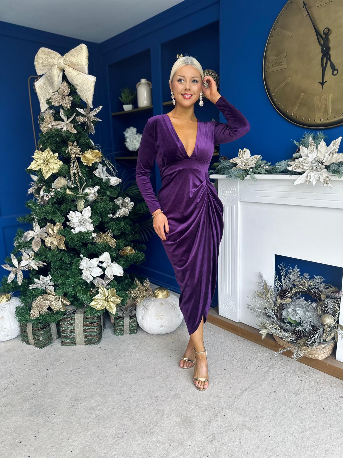 Eleanor Plunge Neck Velvet Occasion Dress Violet