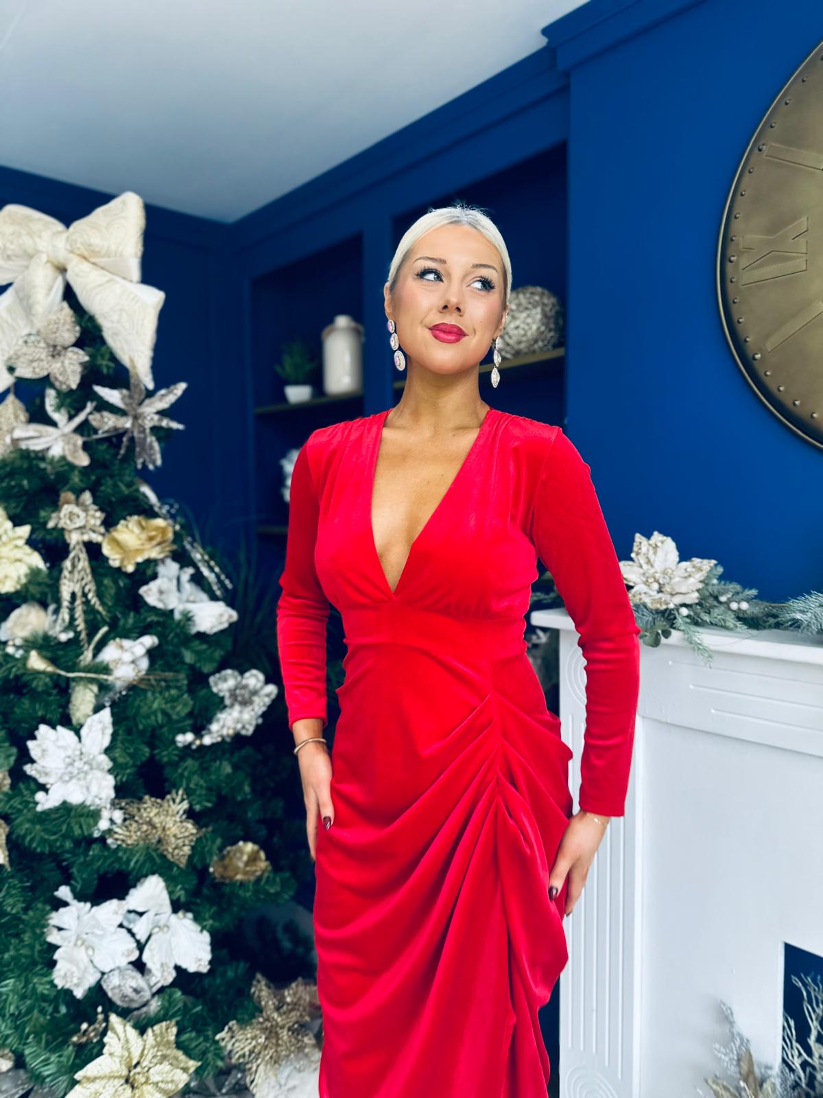 Eleanor Plunge Neck Velvet Occasion Dress Red