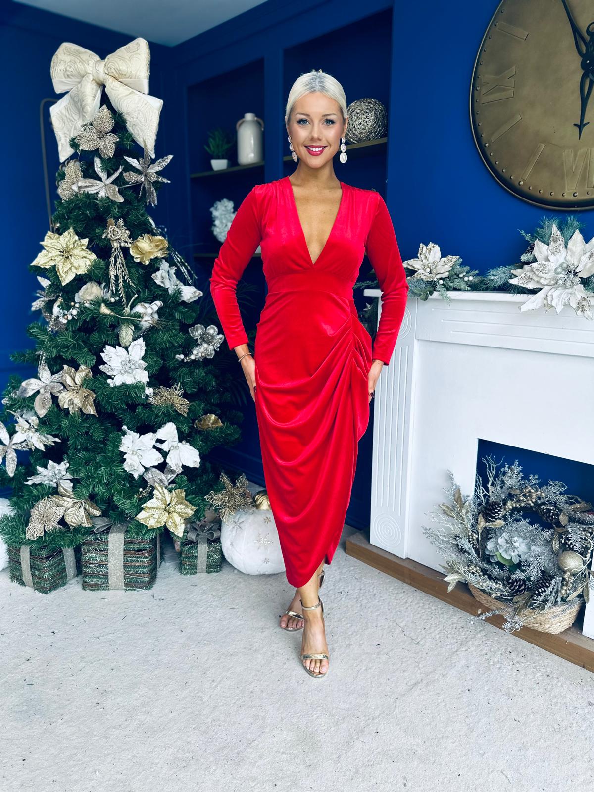 Eleanor Plunge Neck Velvet Occasion Dress Red