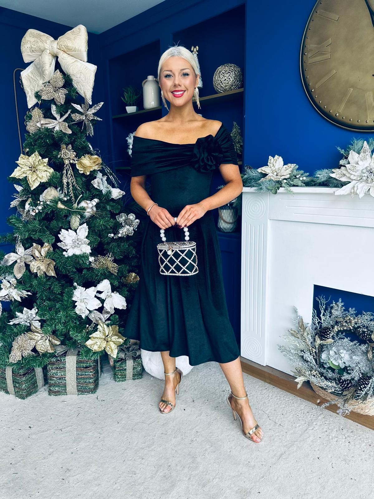 Olivia Velvet Bardot Occasion Dress Black