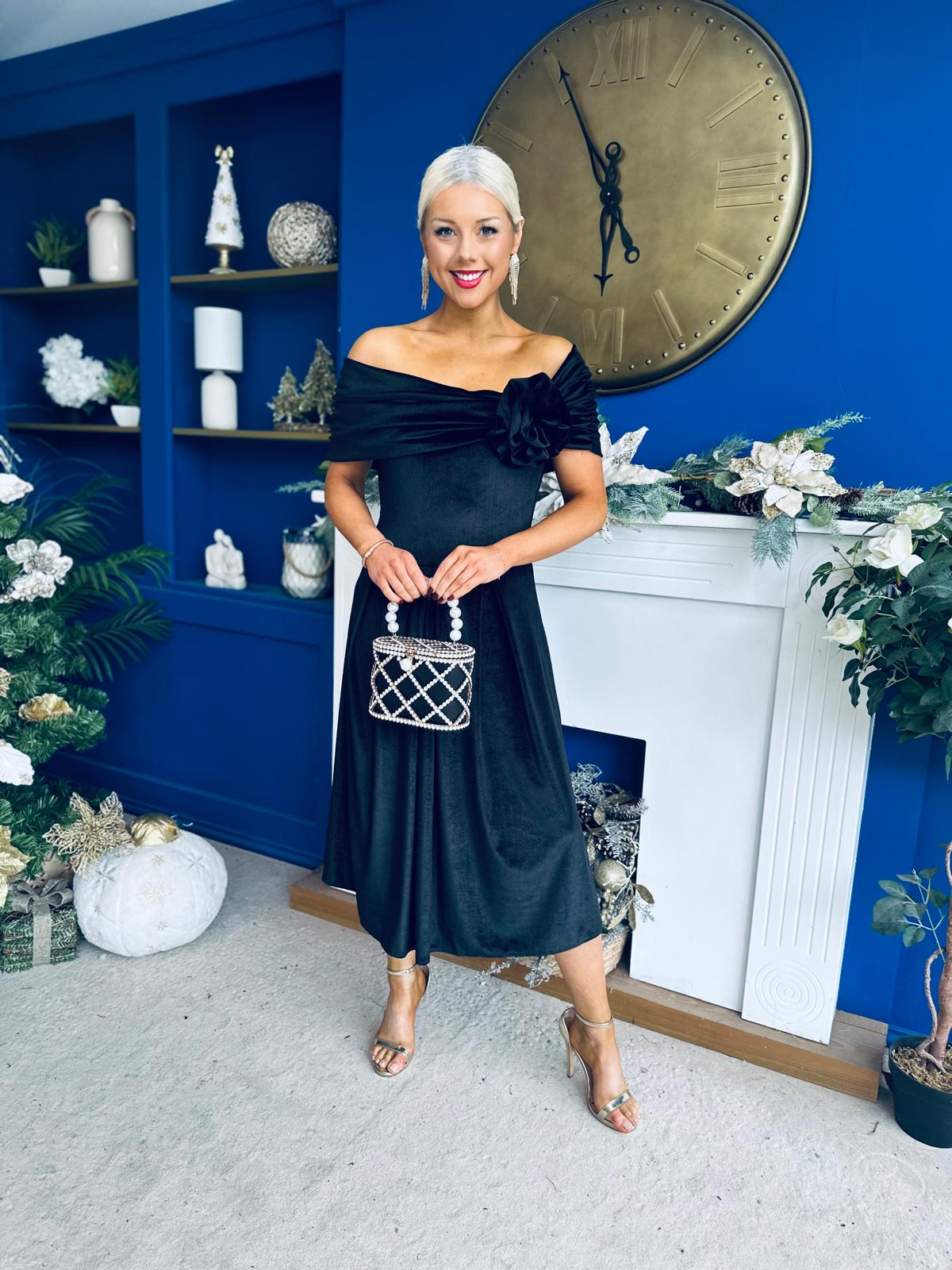 Olivia Velvet Bardot Occasion Dress Black