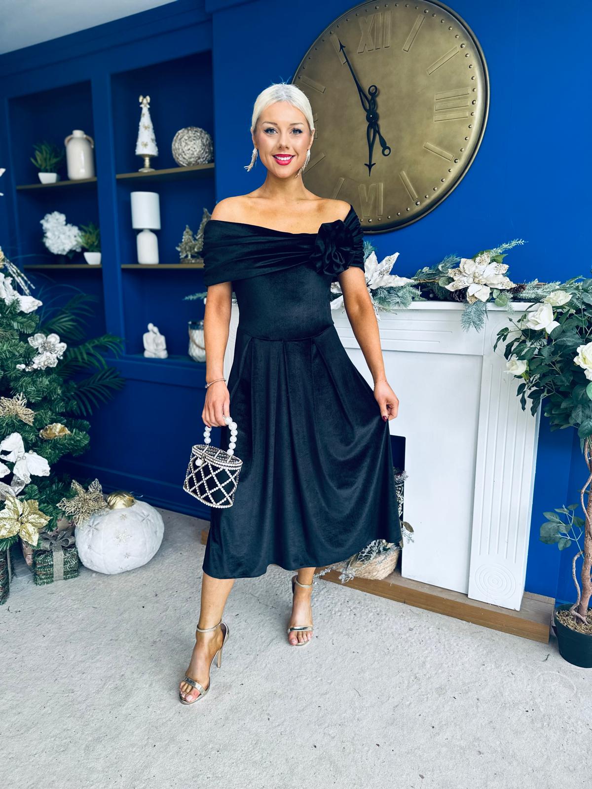 Olivia Velvet Bardot Occasion Dress Black