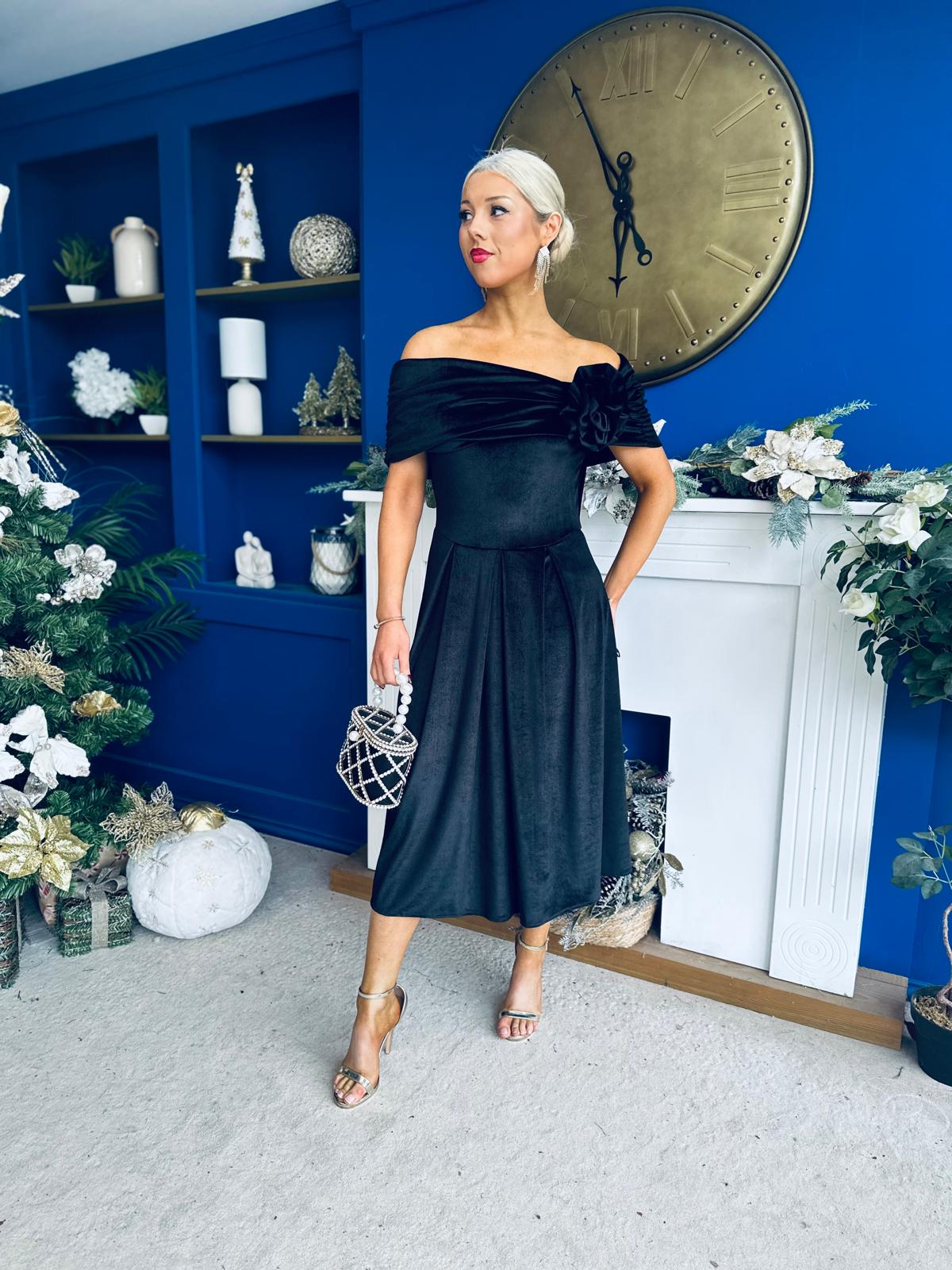 Olivia Velvet Bardot Occasion Dress Black