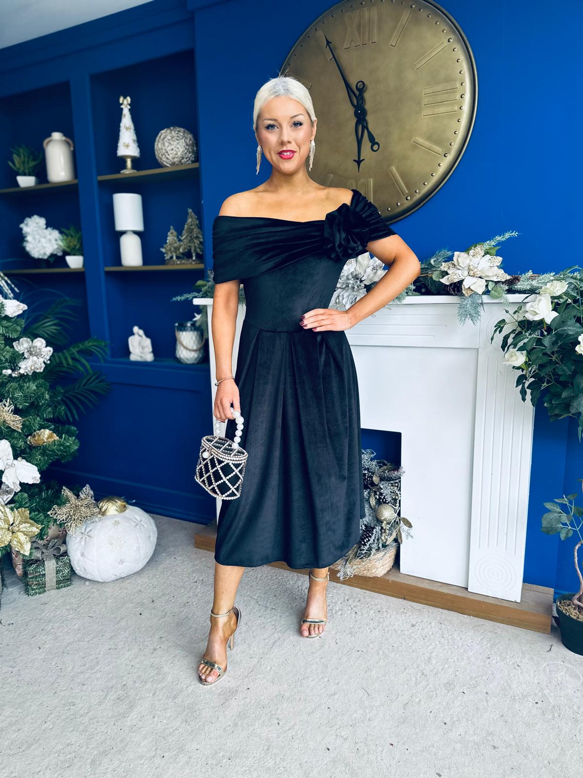 Olivia Velvet Bardot Occasion Dress Black
