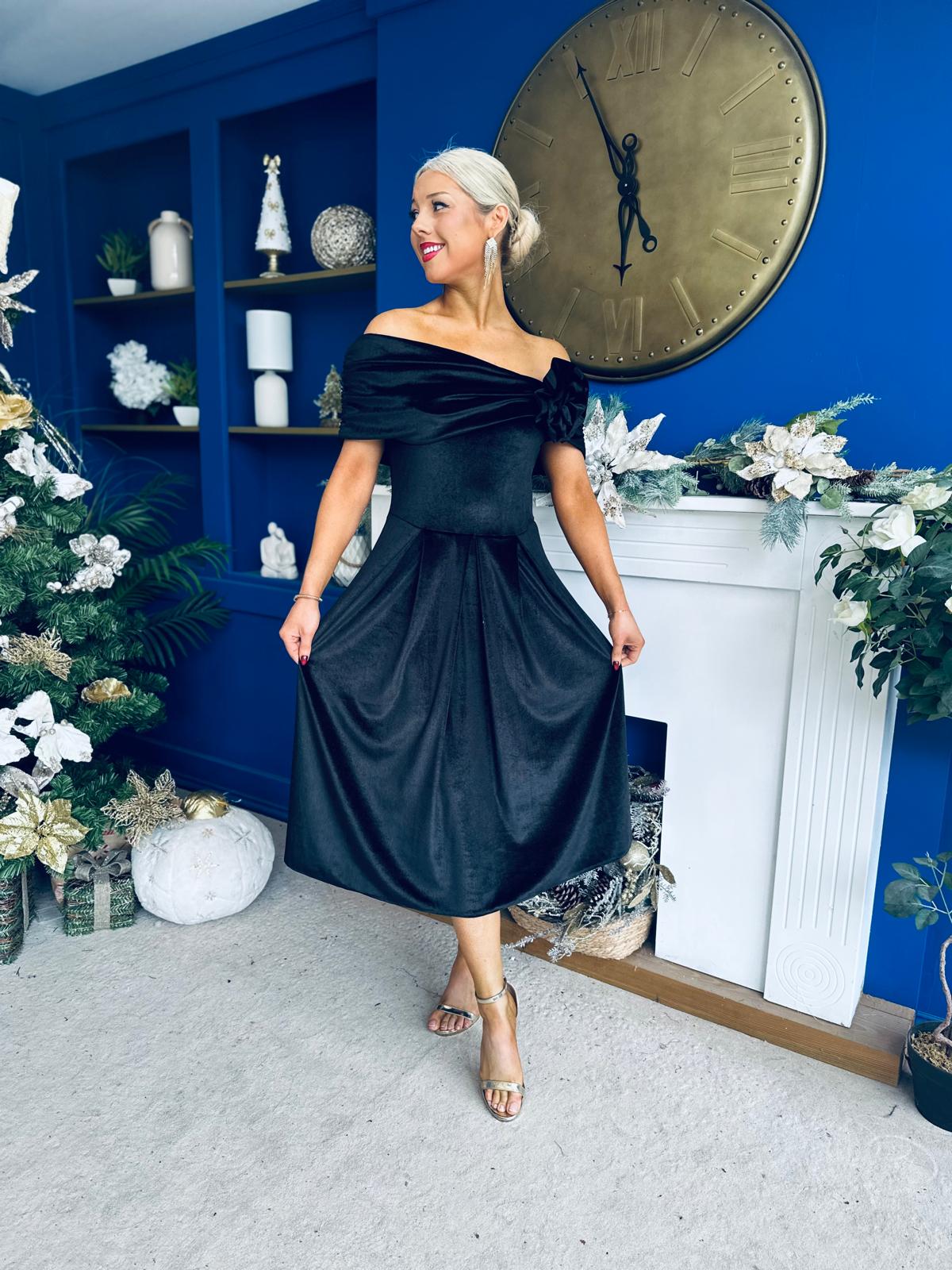 Olivia Velvet Bardot Occasion Dress Black