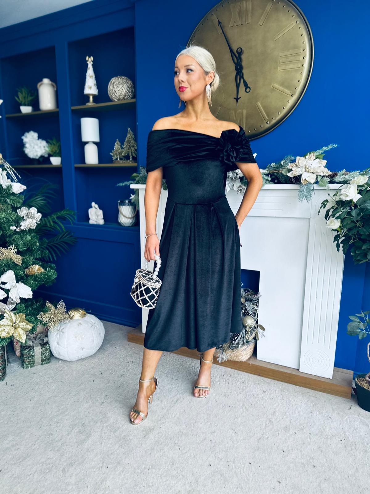 Olivia Velvet Bardot Occasion Dress Black