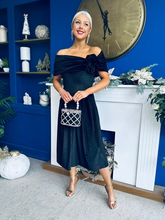 Olivia Velvet Bardot Occasion Dress Black