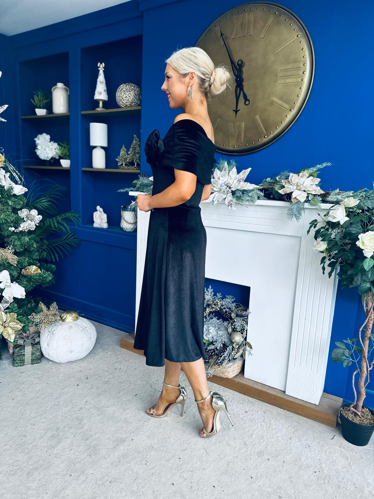 Olivia Velvet Bardot Occasion Dress Black