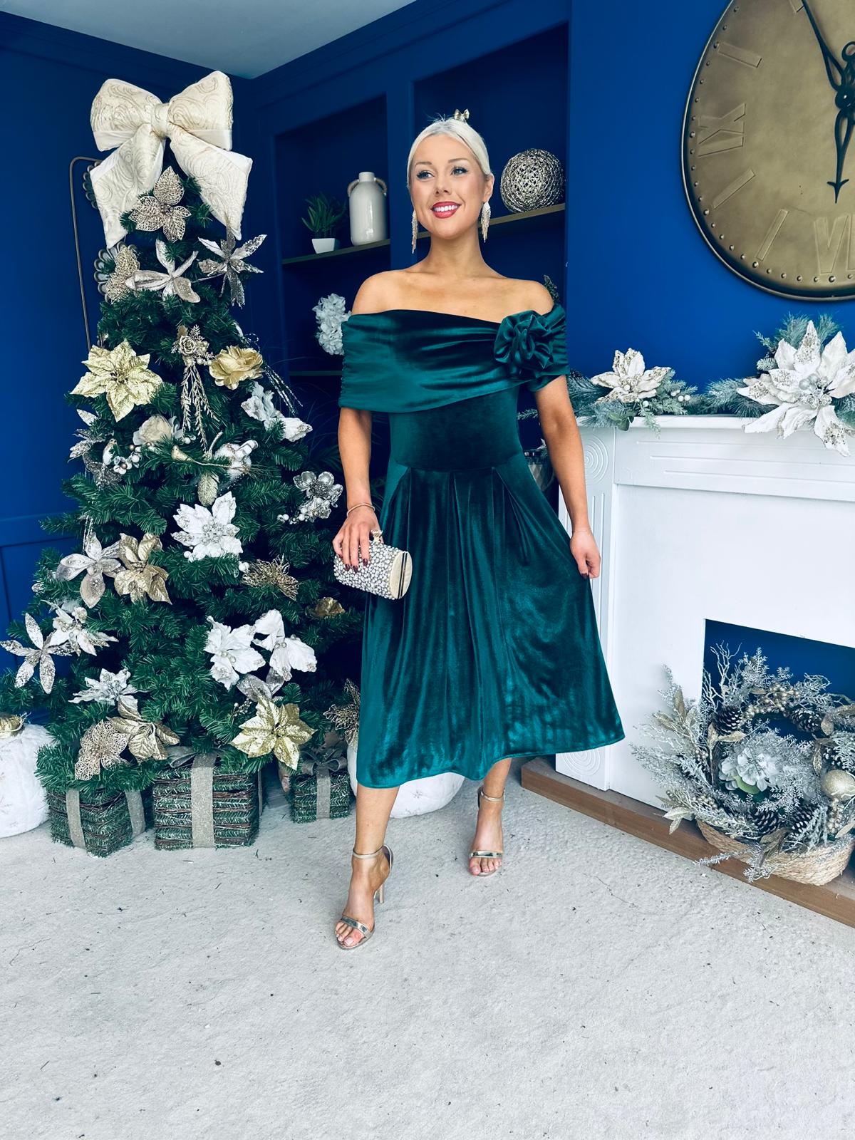 Olivia Velvet Bardot Occasion Dress Forest