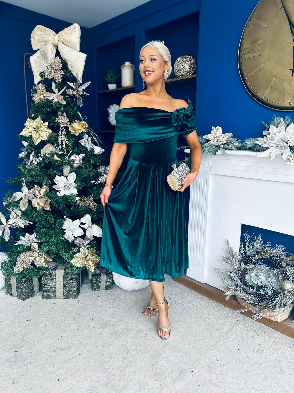Olivia Velvet Bardot Occasion Dress Forest
