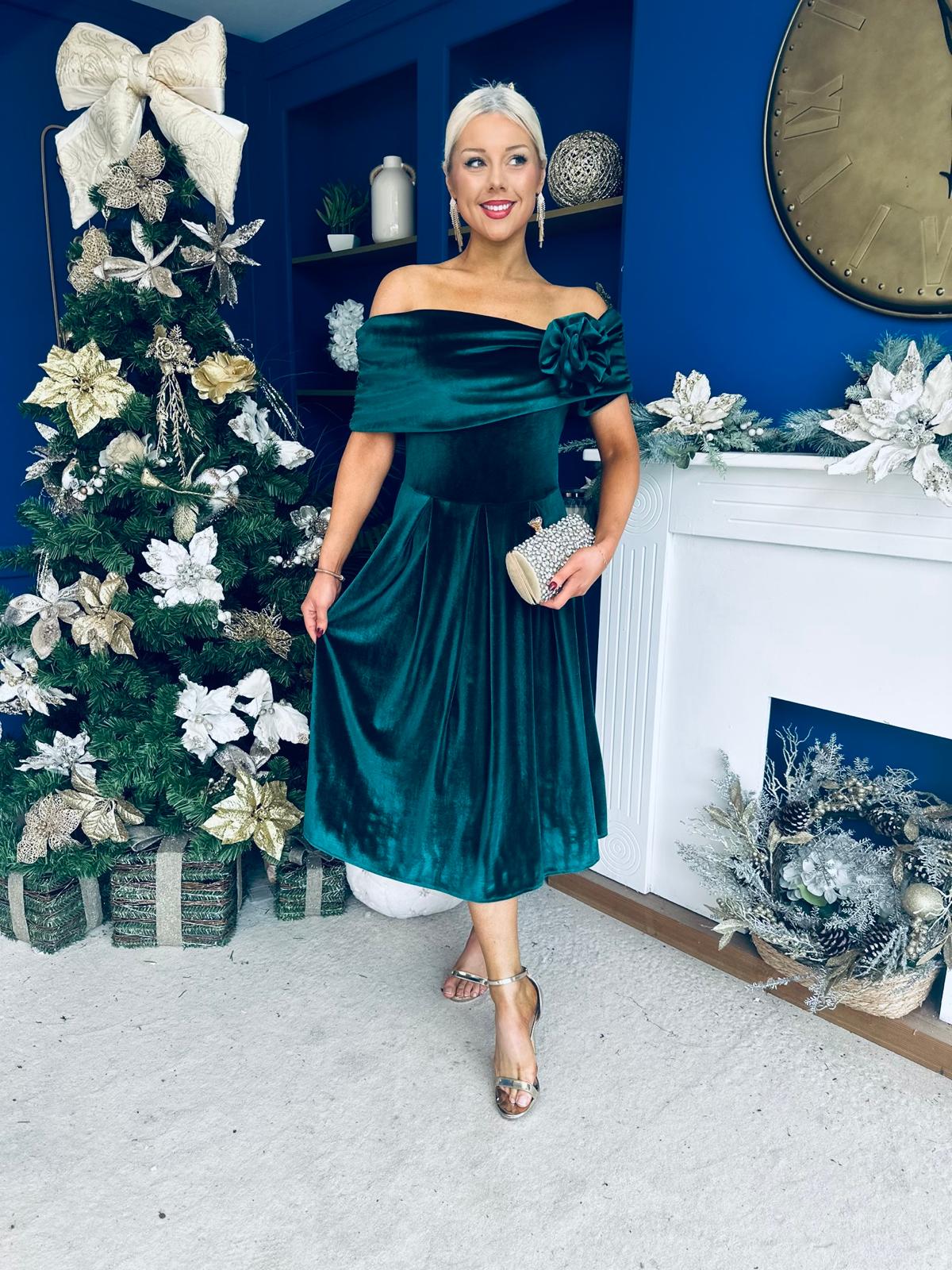 Olivia Velvet Bardot Occasion Dress Forest