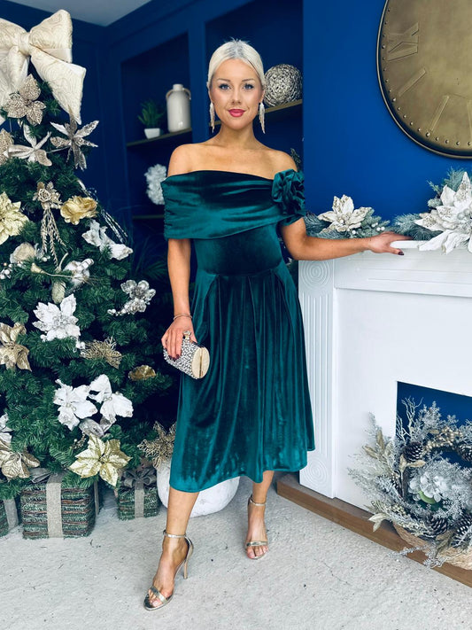 Olivia Velvet Bardot Occasion Dress Forest