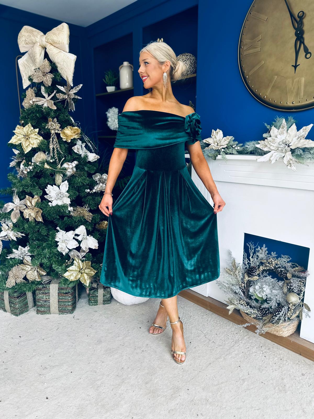 Olivia Velvet Bardot Occasion Dress Forest