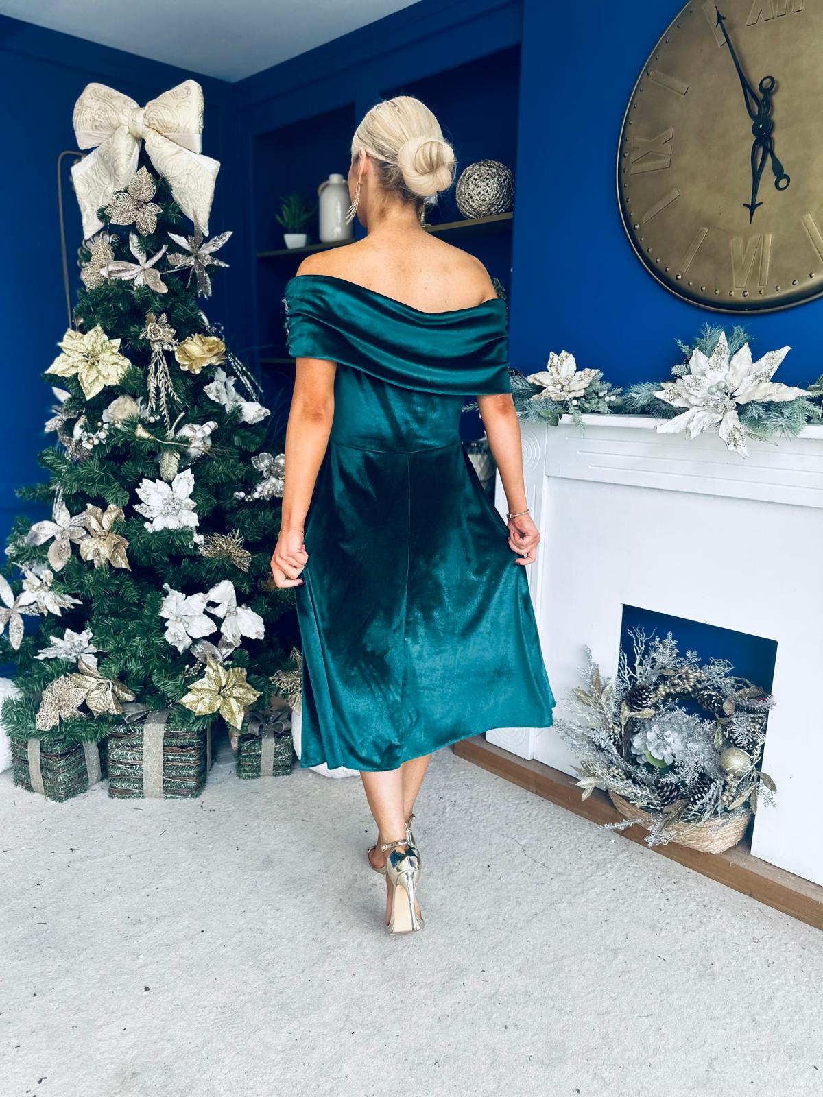 Olivia Velvet Bardot Occasion Dress Forest