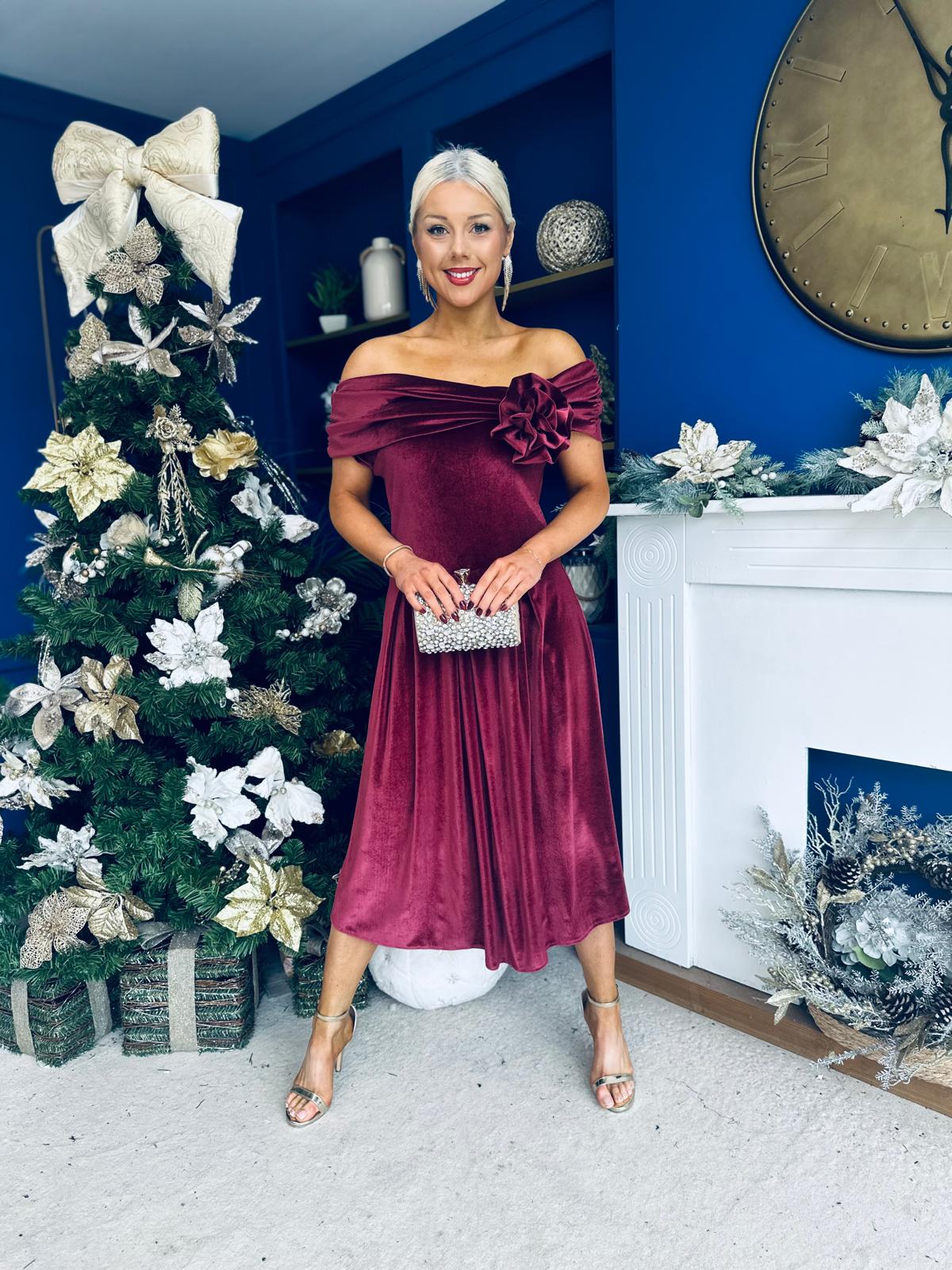 Olivia Velvet Bardot Occasion Dress Burgundy