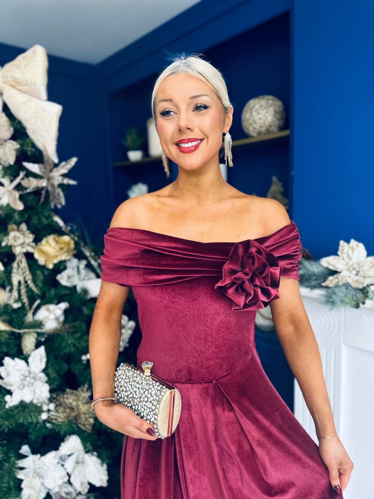 Olivia Velvet Bardot Occasion Dress Burgundy