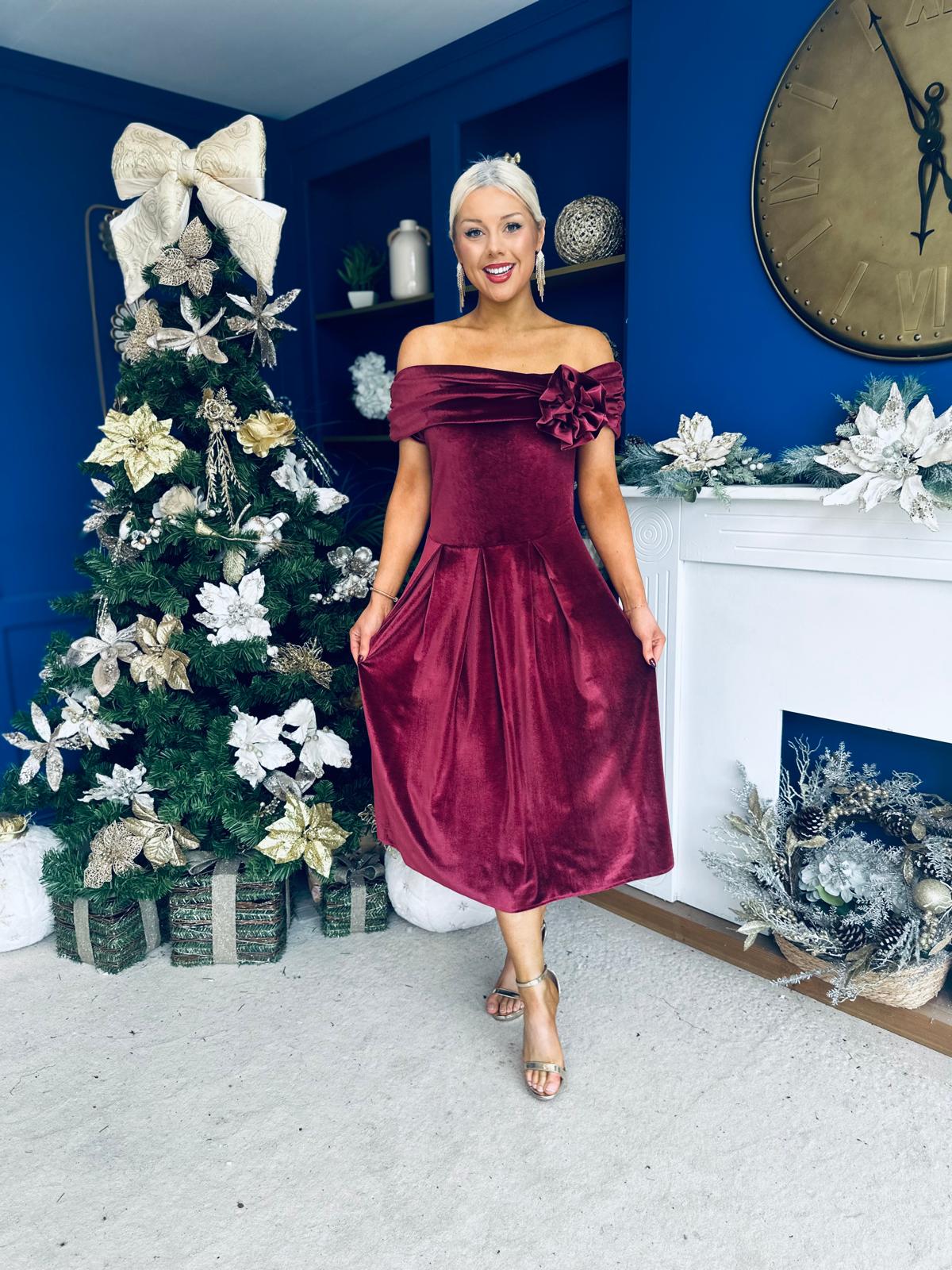 Olivia Velvet Bardot Occasion Dress Burgundy