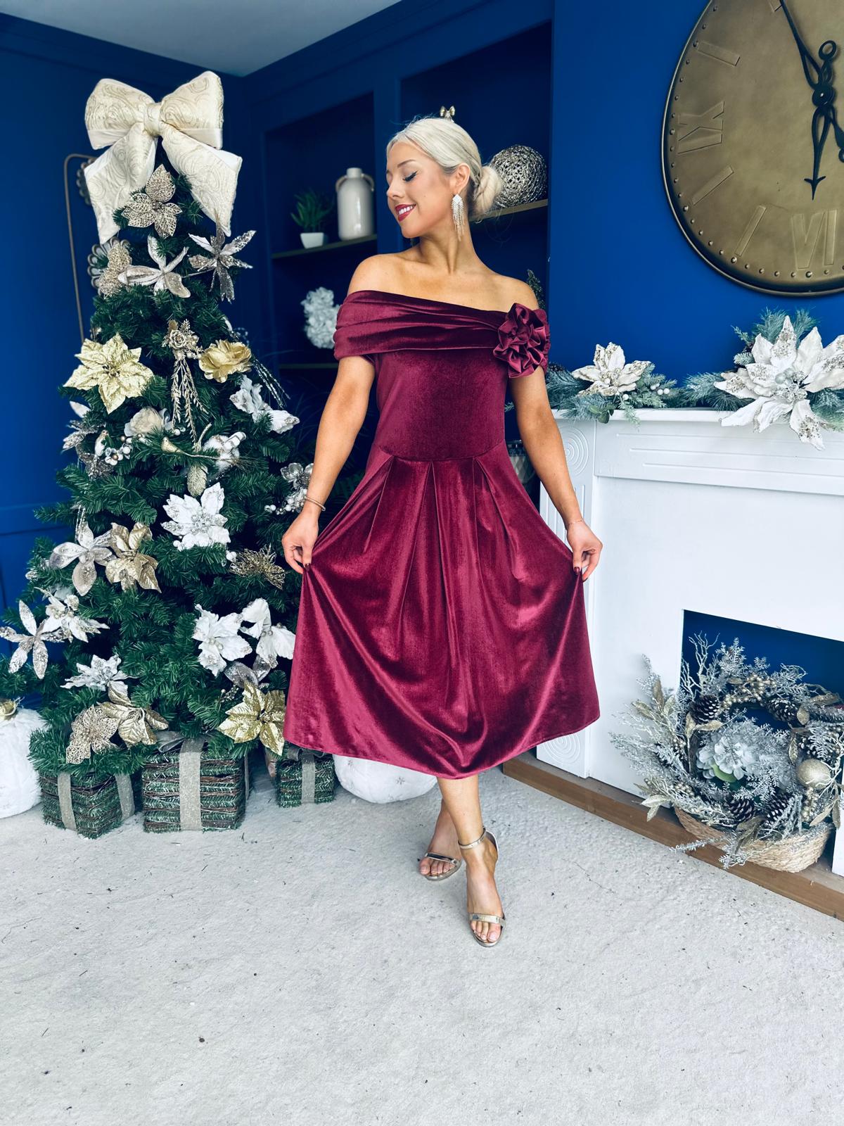 Olivia Velvet Bardot Occasion Dress Burgundy