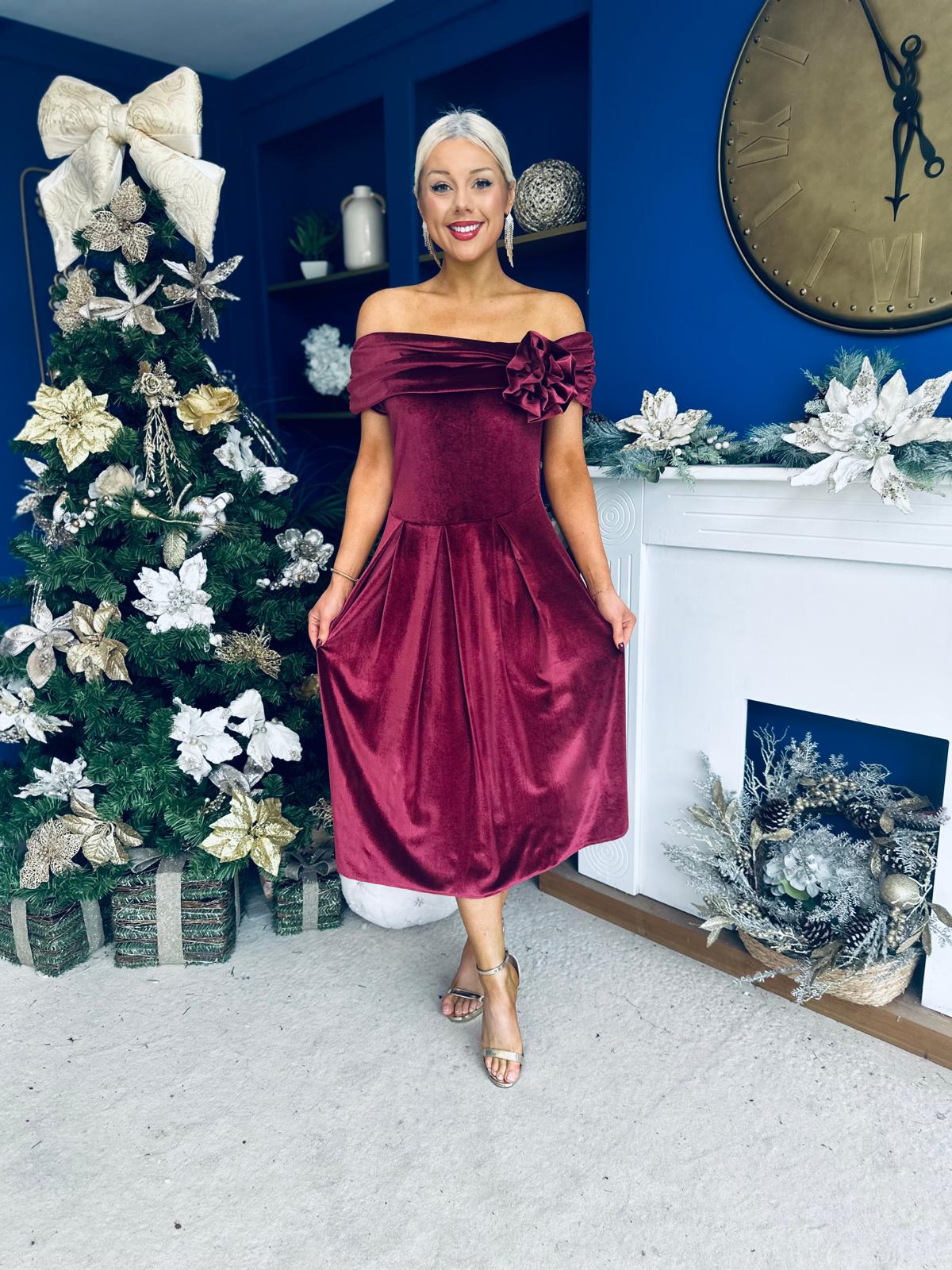 Olivia Velvet Bardot Occasion Dress Burgundy