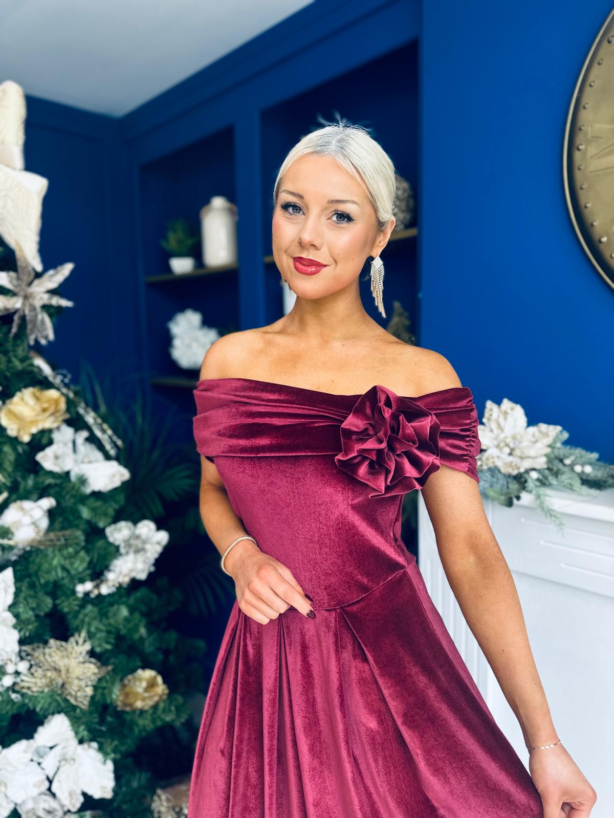 Olivia Velvet Bardot Occasion Dress Burgundy