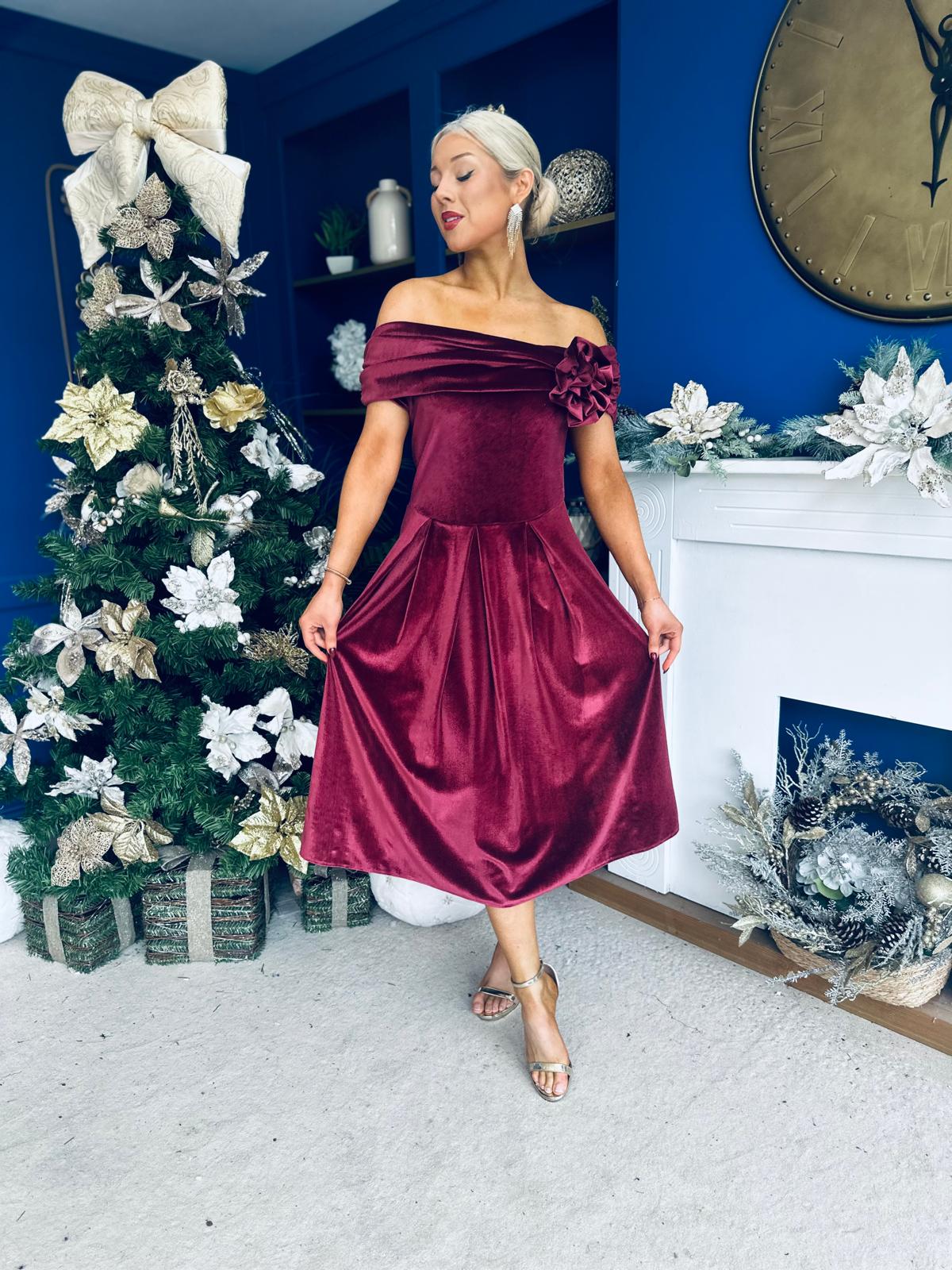 Olivia Velvet Bardot Occasion Dress Burgundy