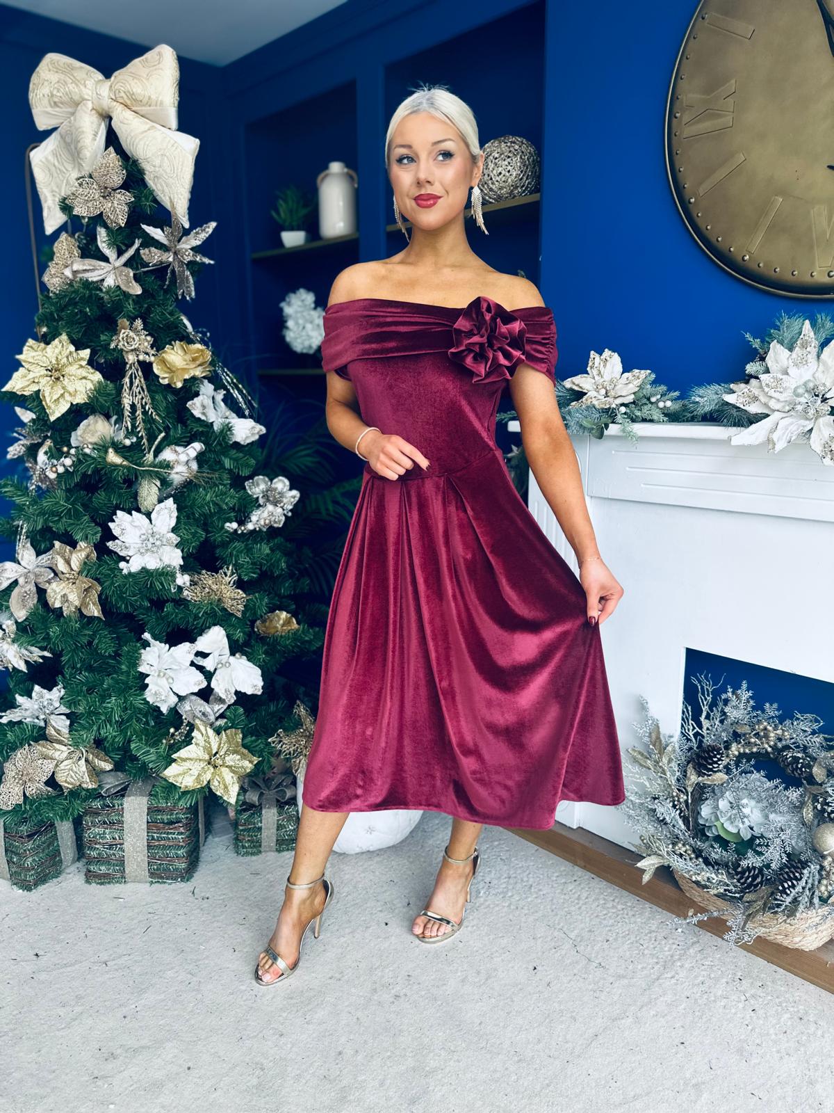 Olivia Velvet Bardot Occasion Dress Burgundy