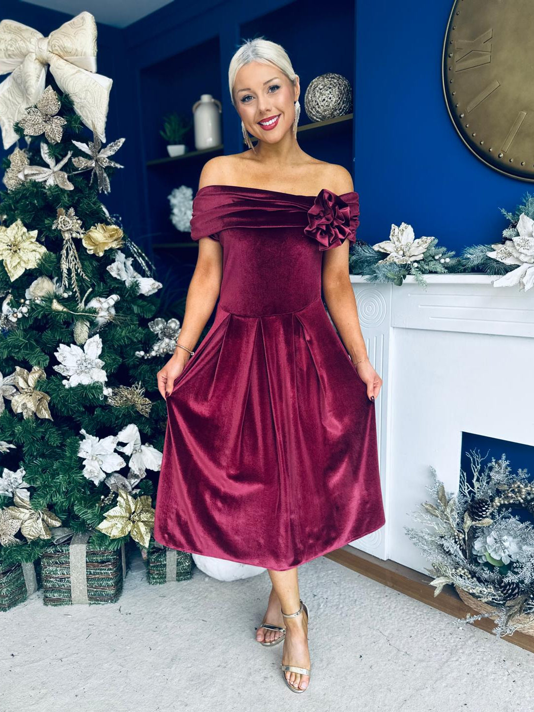 Olivia Velvet Bardot Occasion Dress Burgundy