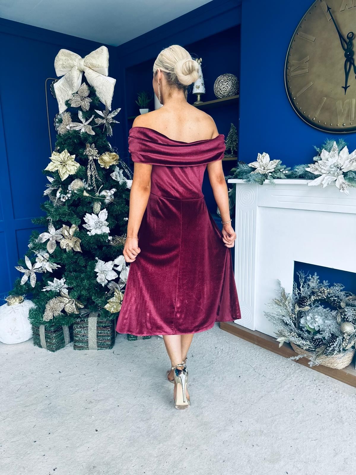 Olivia Velvet Bardot Occasion Dress Burgundy