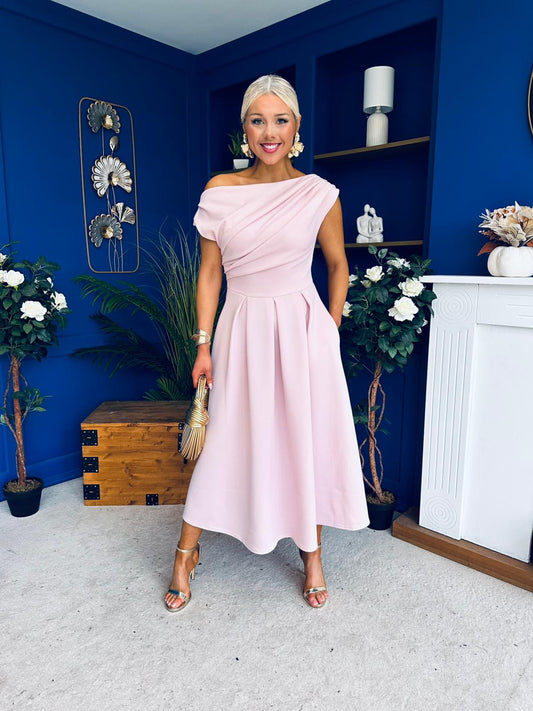 Breffy Asymmetric Neckline Skater Midi Pink Pre Order 26 Feb