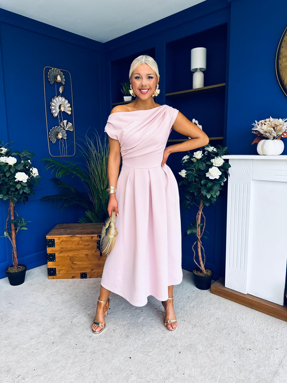 Breffy Asymmetric Neckline Skater Midi Pink Pre Order 26 Feb