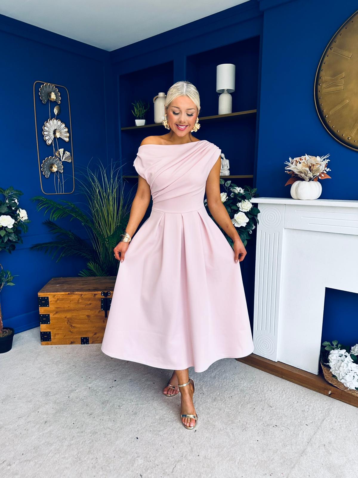 Breffy Asymmetric Neckline Skater Midi Pink Pre Order 26 Feb