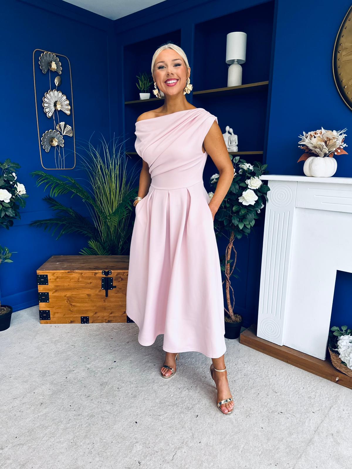 Breffy Asymmetric Neckline Skater Midi Pink Pre Order 26 Feb