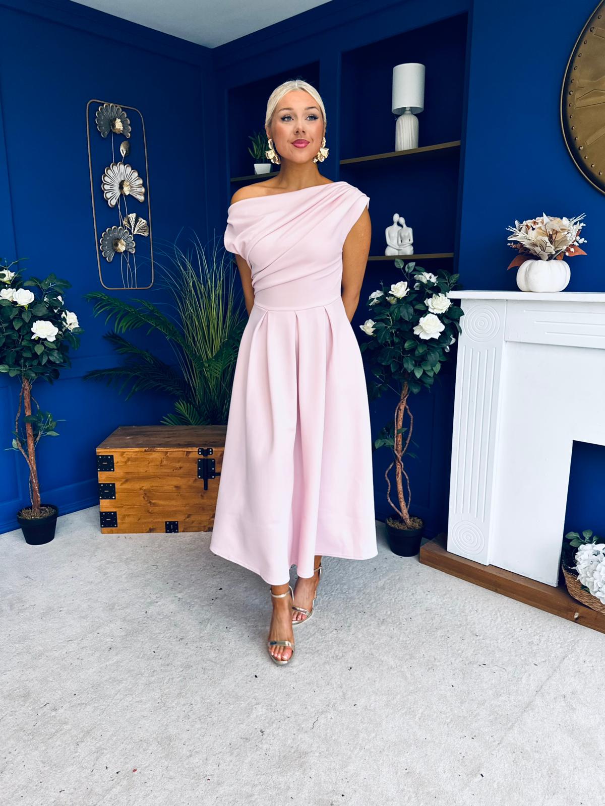 Breffy Asymmetric Neckline Skater Midi Pink Pre Order 26 Feb