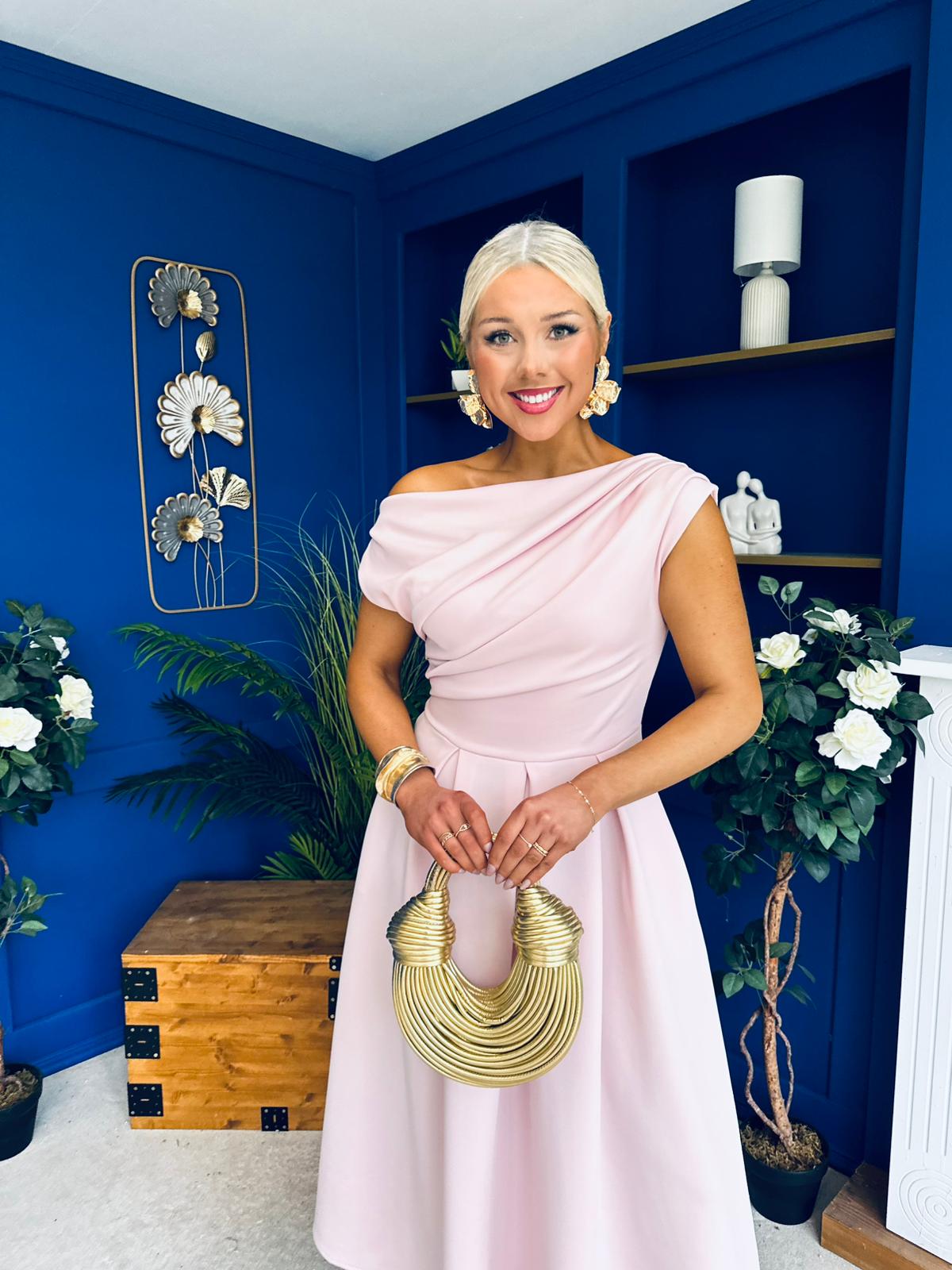 Breffy Asymmetric Neckline Skater Midi Pink Pre Order 26 Feb