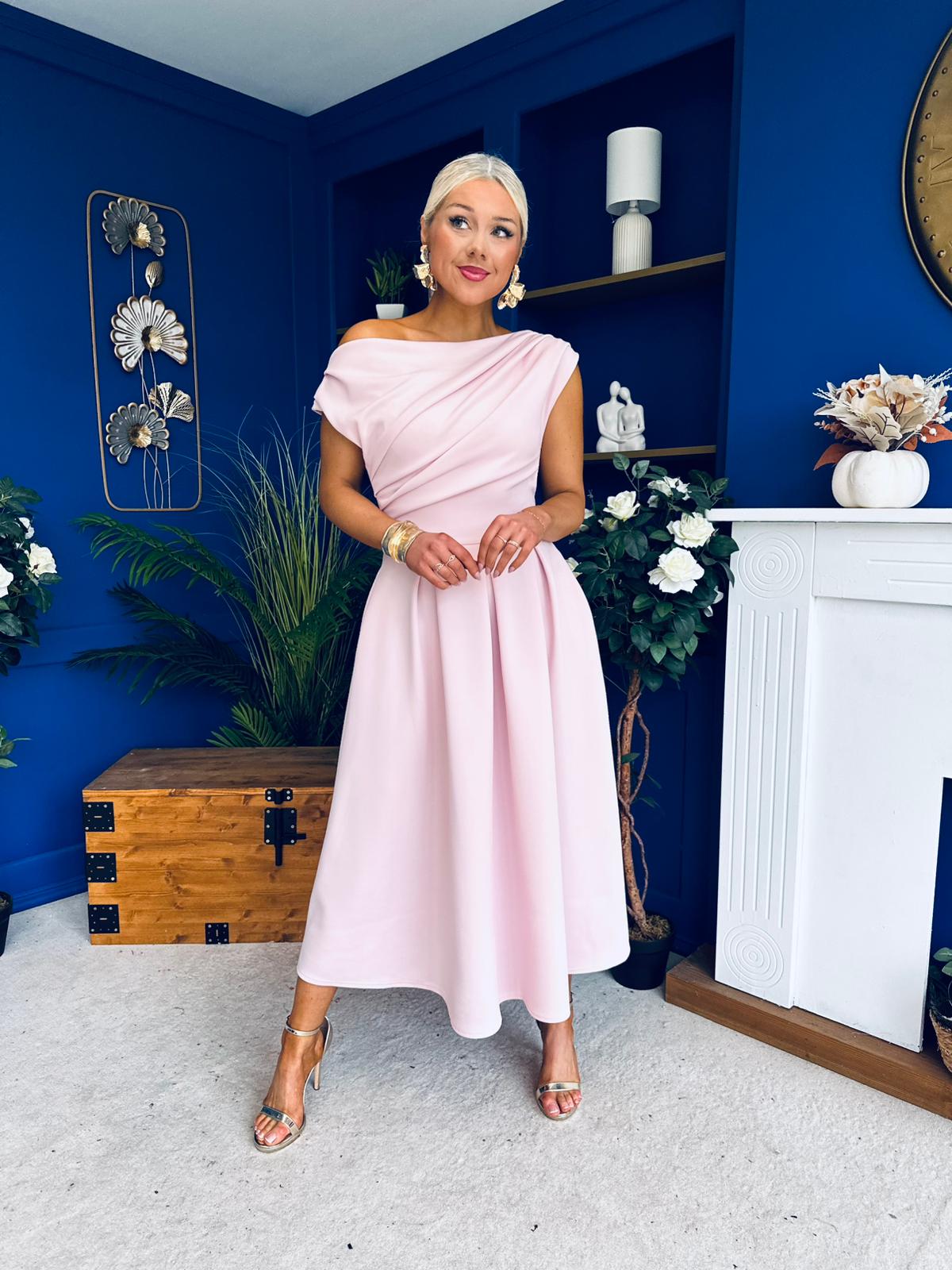 Breffy Asymmetric Neckline Skater Midi Pink Pre Order 26 Feb