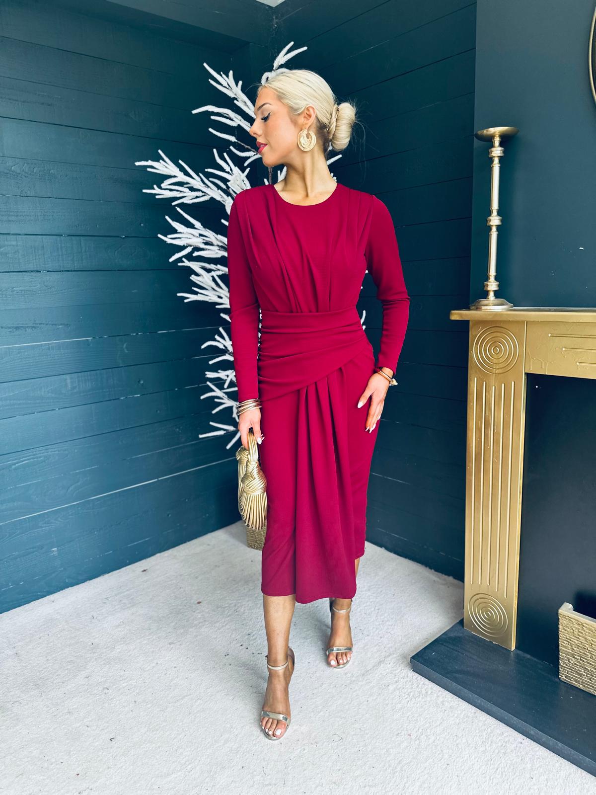 Thea Drape Detail Midi Dress Burgundy