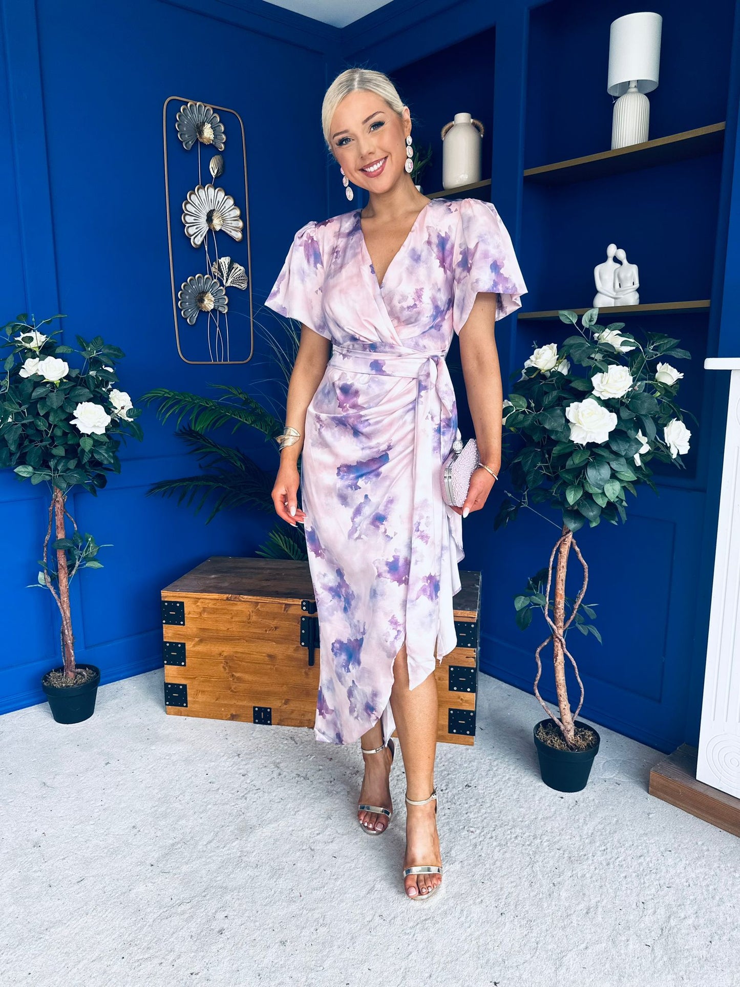 Drew Puff Sleeve Wrap Front Midi Dress Purple Marble