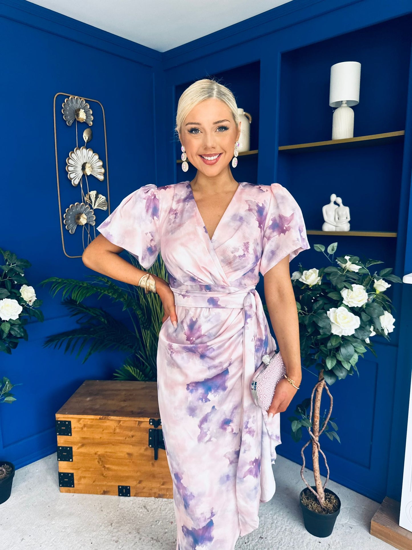 Drew Puff Sleeve Wrap Front Midi Dress Purple Marble