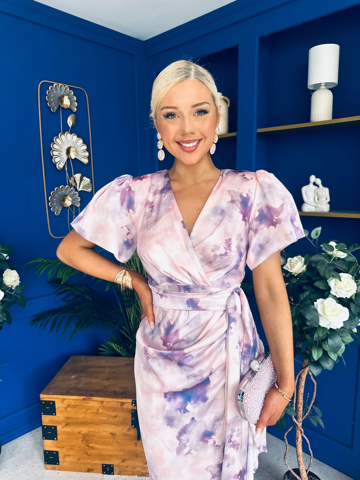 Drew Puff Sleeve Wrap Front Midi Dress Purple Marble