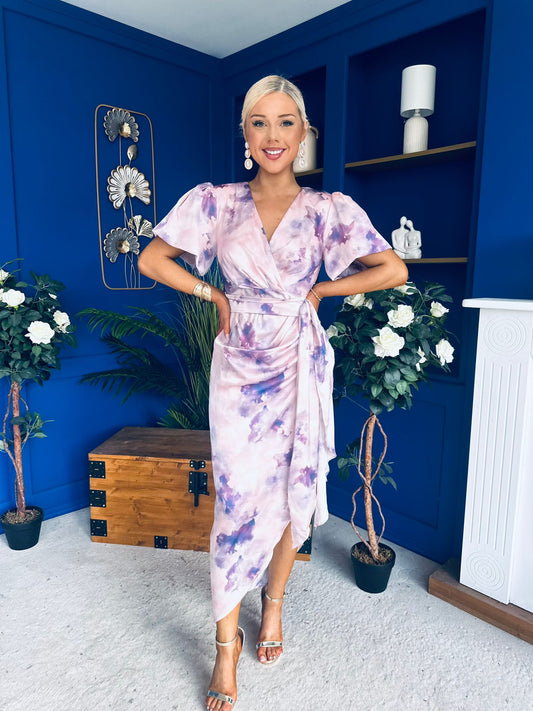 Drew Puff Sleeve Wrap Front Midi Dress Purple Marble PRE ORDER 10 Mar