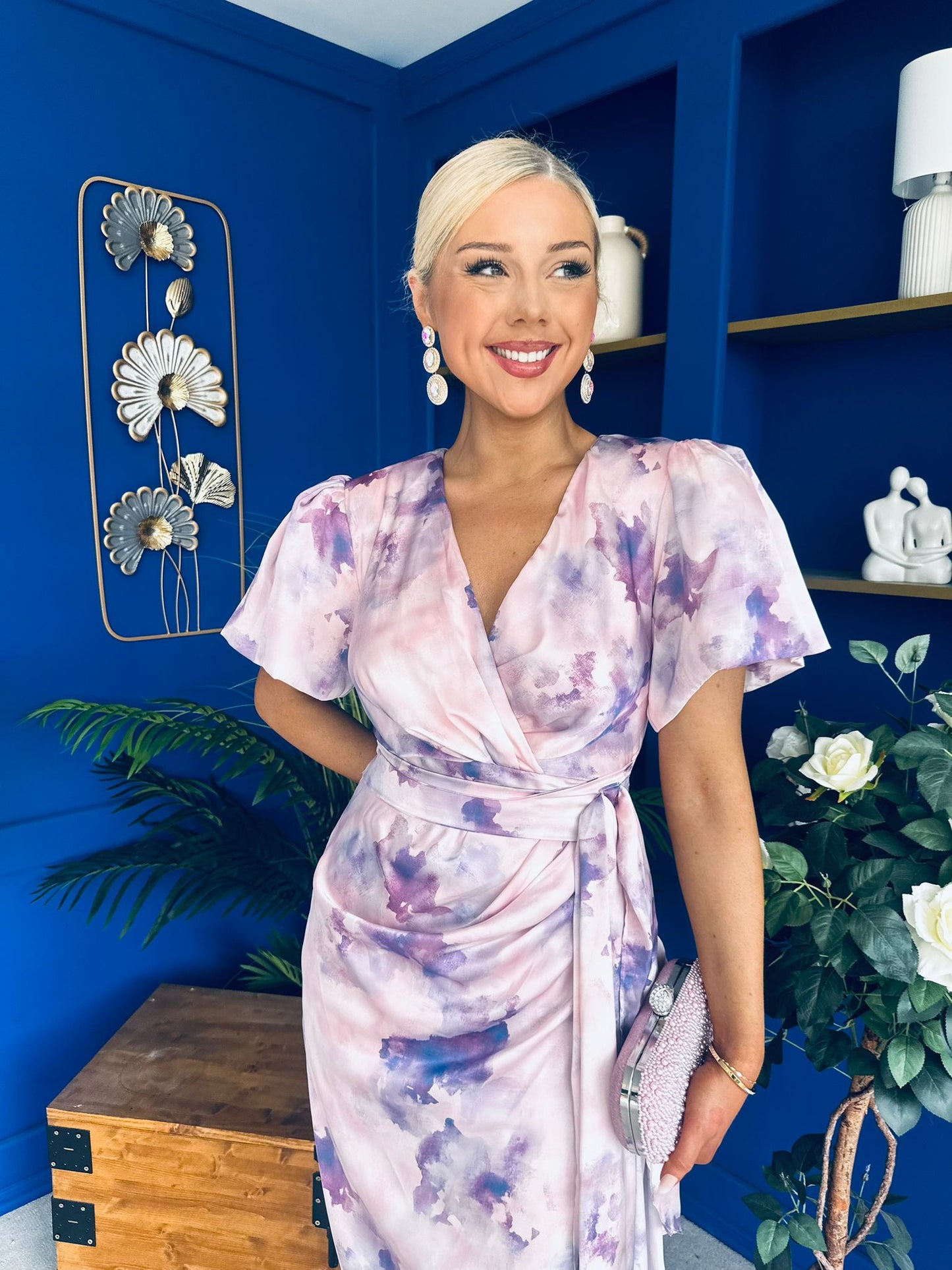 Drew Puff Sleeve Wrap Front Midi Dress Purple Marble