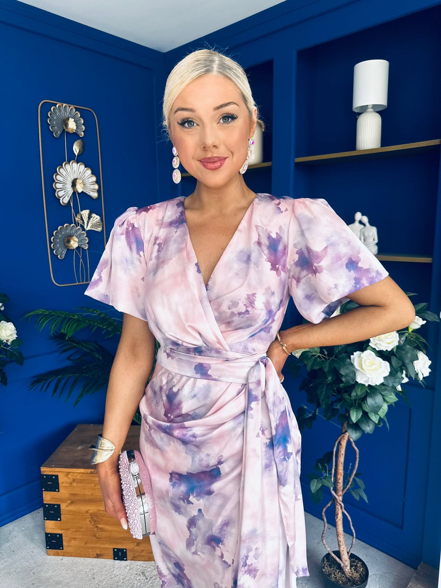 Drew Puff Sleeve Wrap Front Midi Dress Purple Marble