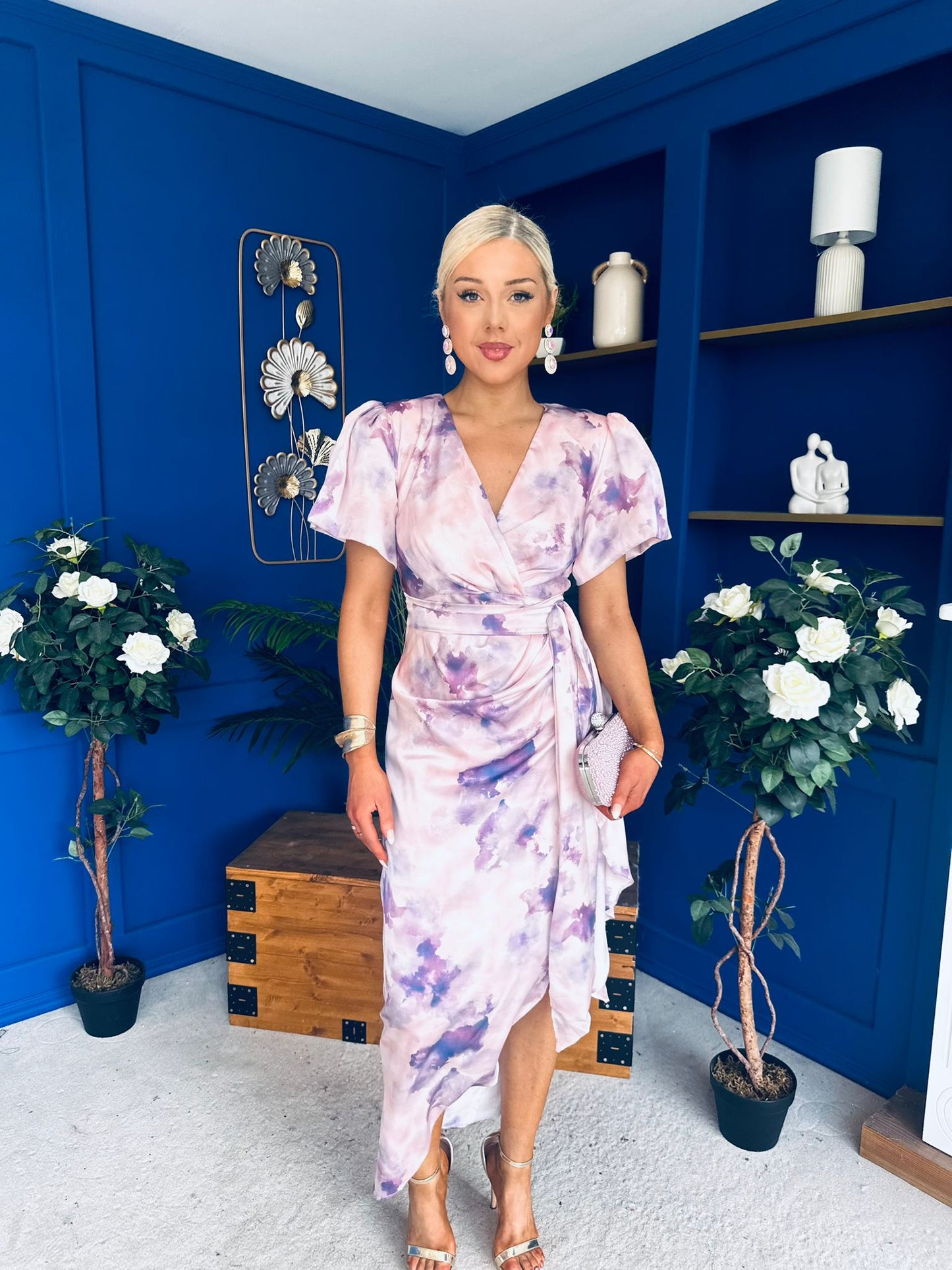 Drew Puff Sleeve Wrap Front Midi Dress Purple Marble