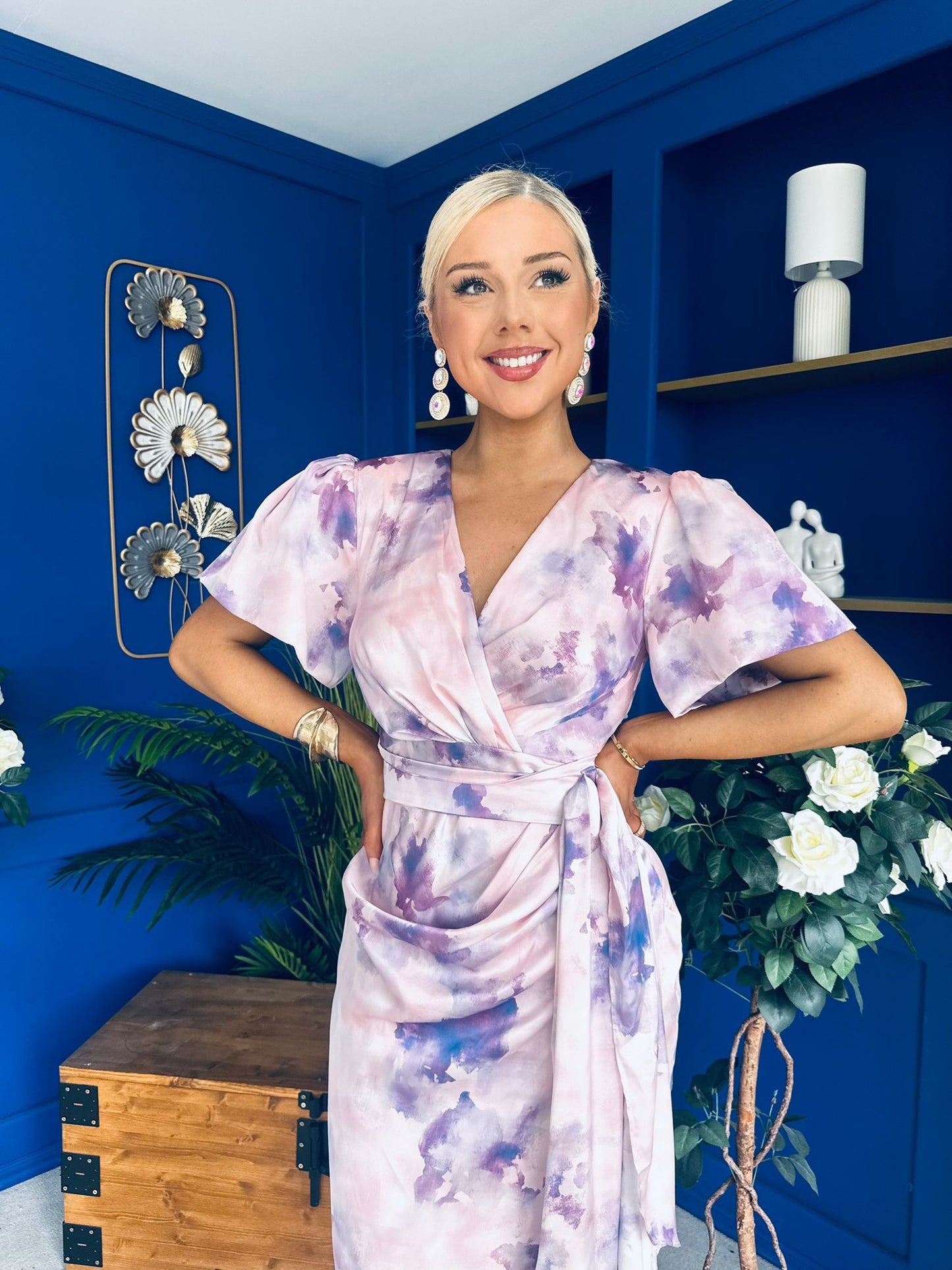 Drew Puff Sleeve Wrap Front Midi Dress Purple Marble