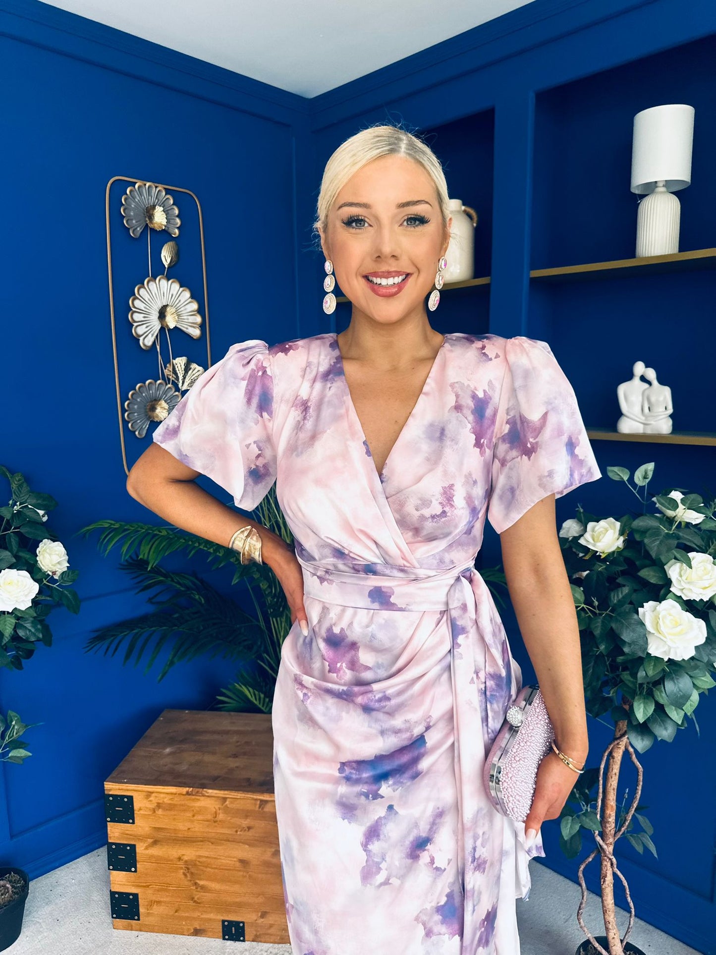 Drew Puff Sleeve Wrap Front Midi Dress Purple Marble