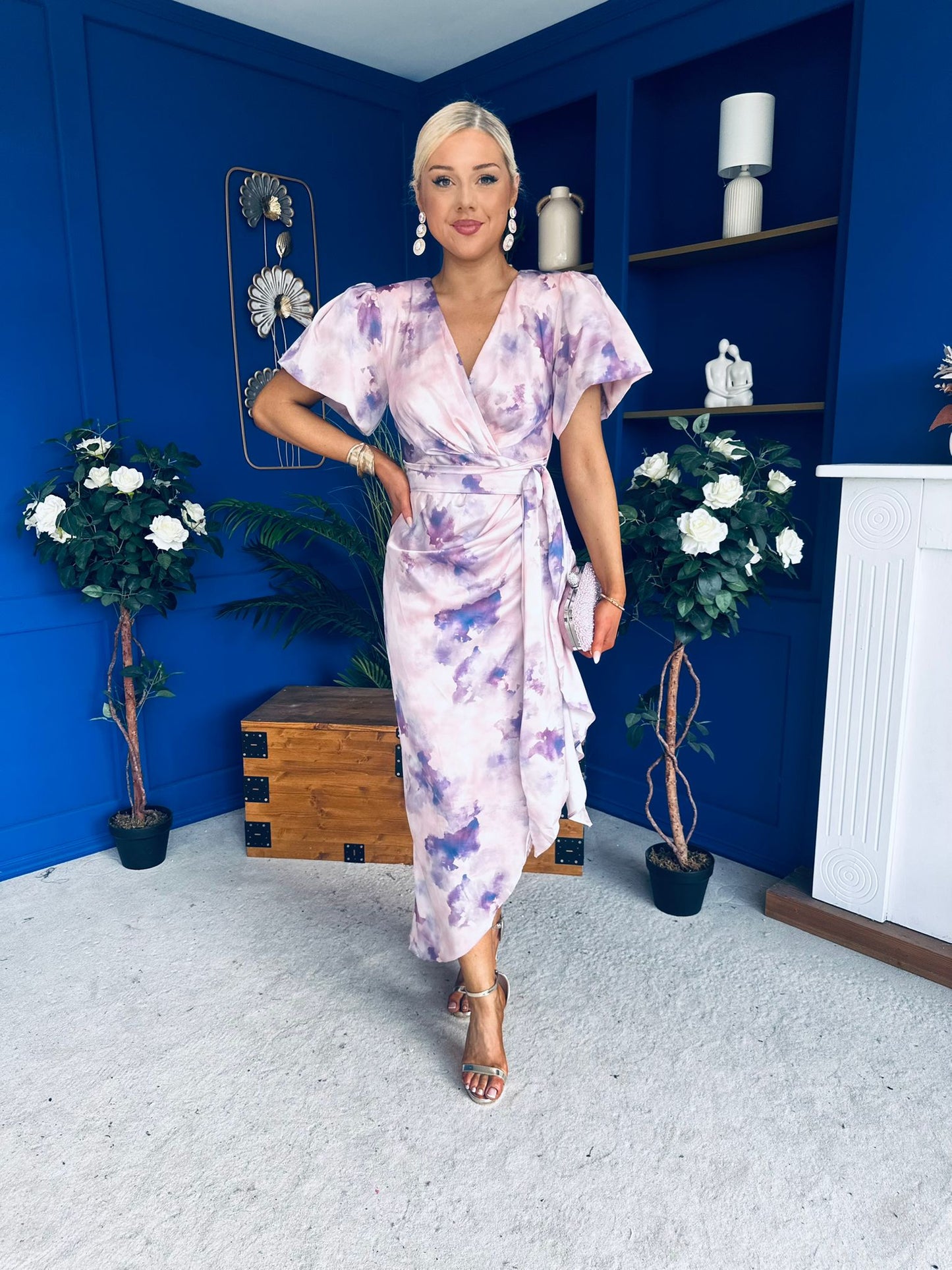 Drew Puff Sleeve Wrap Front Midi Dress Purple Marble