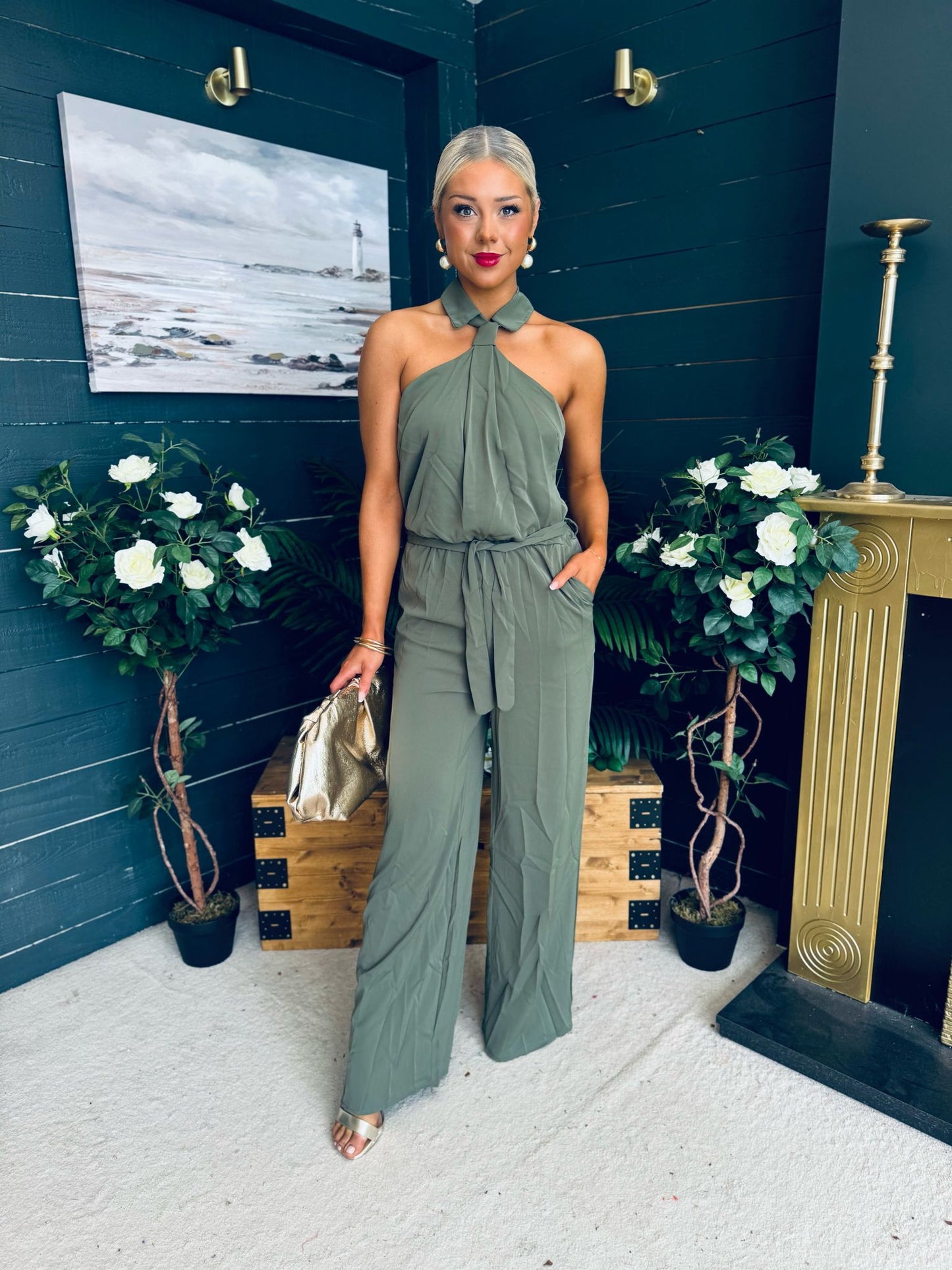 Brandi Halterneck Collared Jumpsuit Khaki